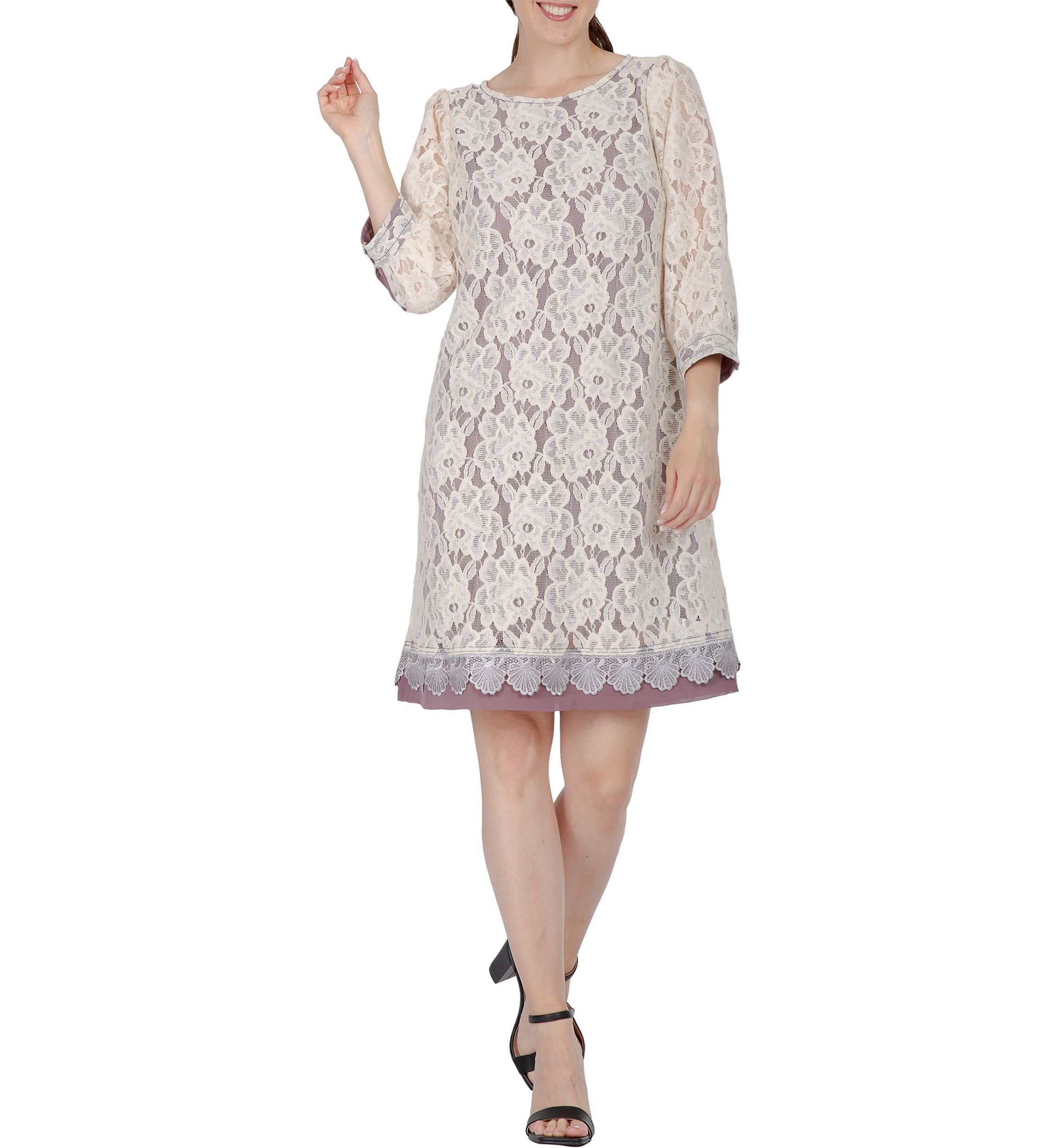 Women Elegant Floral Lace Boat Neck 3/4 Sleeve Midi Dress