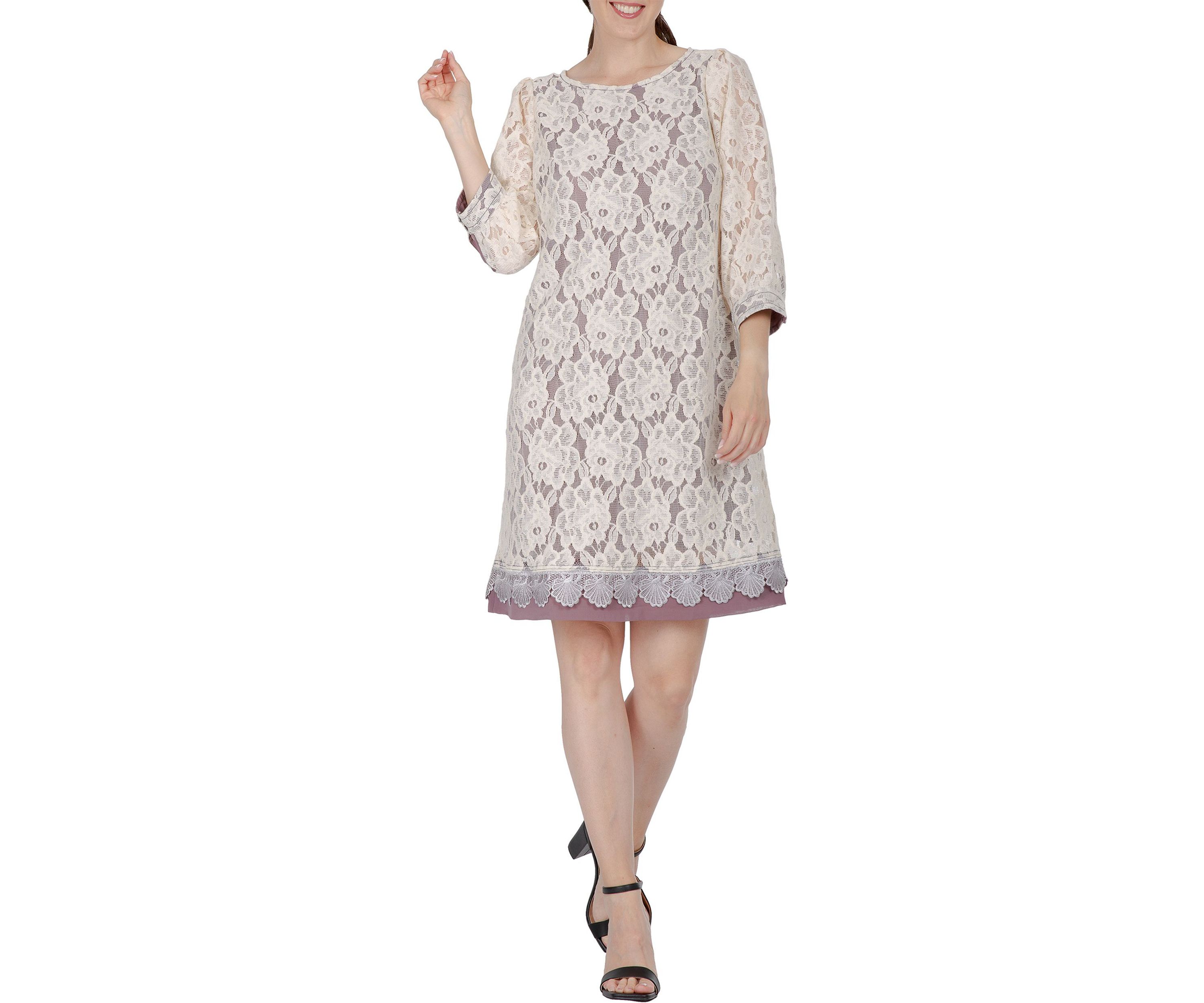 Women Elegant Floral Lace Boat Neck 3/4 Sleeve Midi Dress