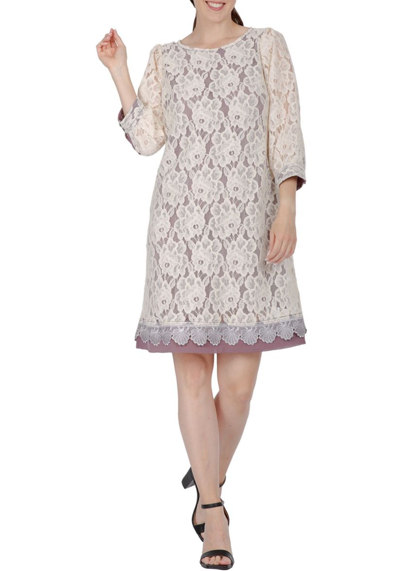 Women Elegant Floral Lace Boat Neck 3/4 Sleeve Midi Dress