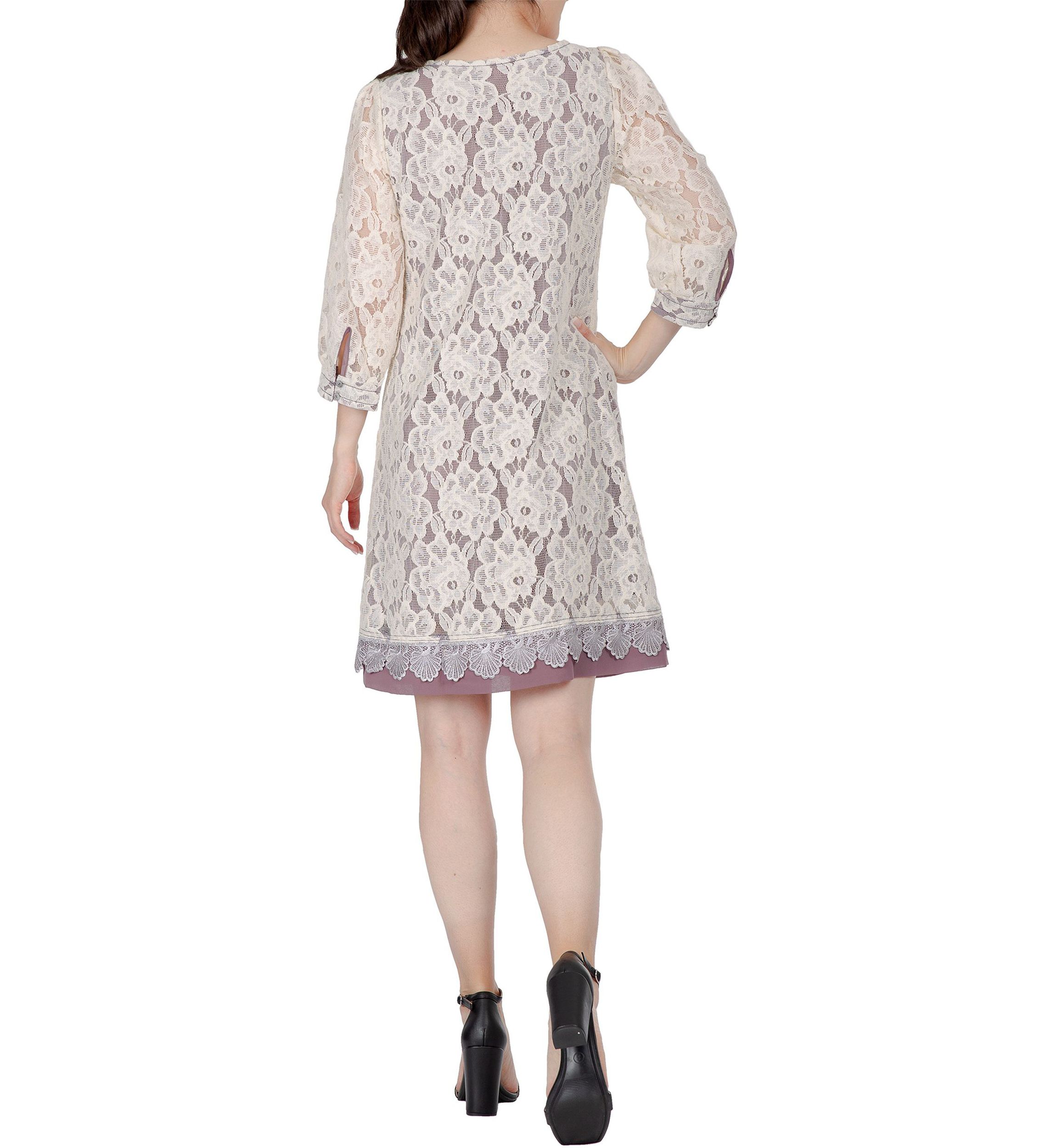 Women Elegant Floral Lace Boat Neck 3/4 Sleeve Midi Dress