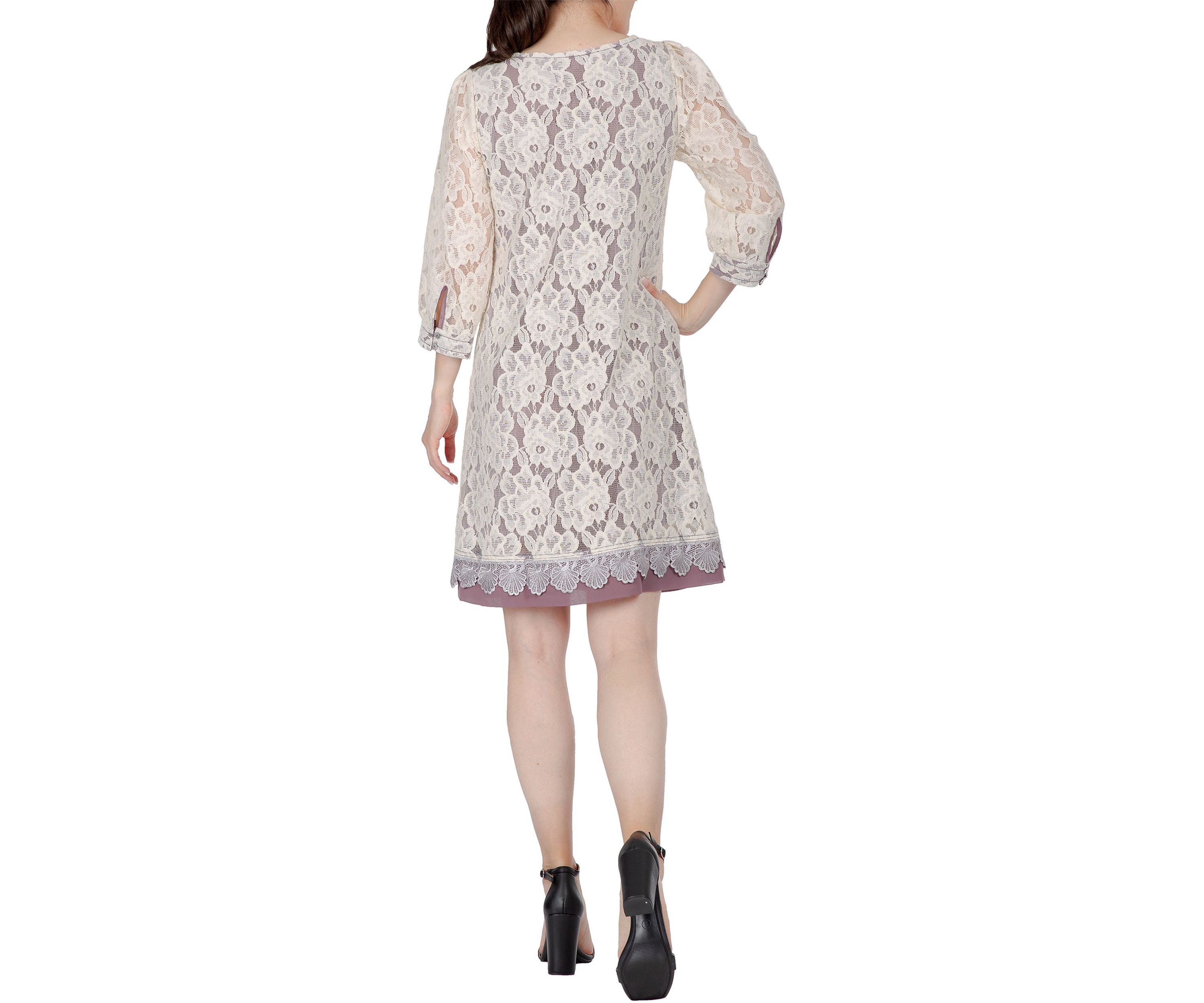 Women Elegant Floral Lace Boat Neck 3/4 Sleeve Midi Dress