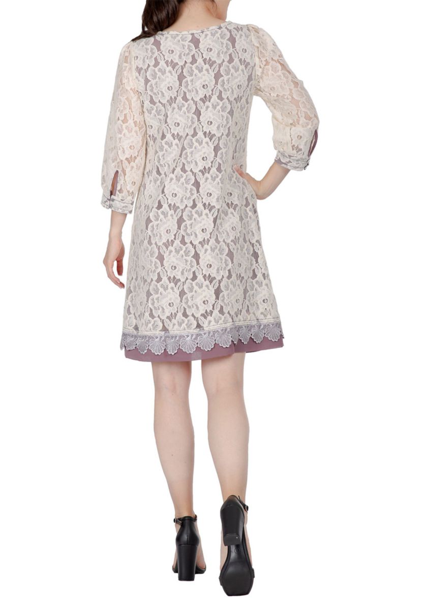 Women Elegant Floral Lace Boat Neck 3/4 Sleeve Midi Dress