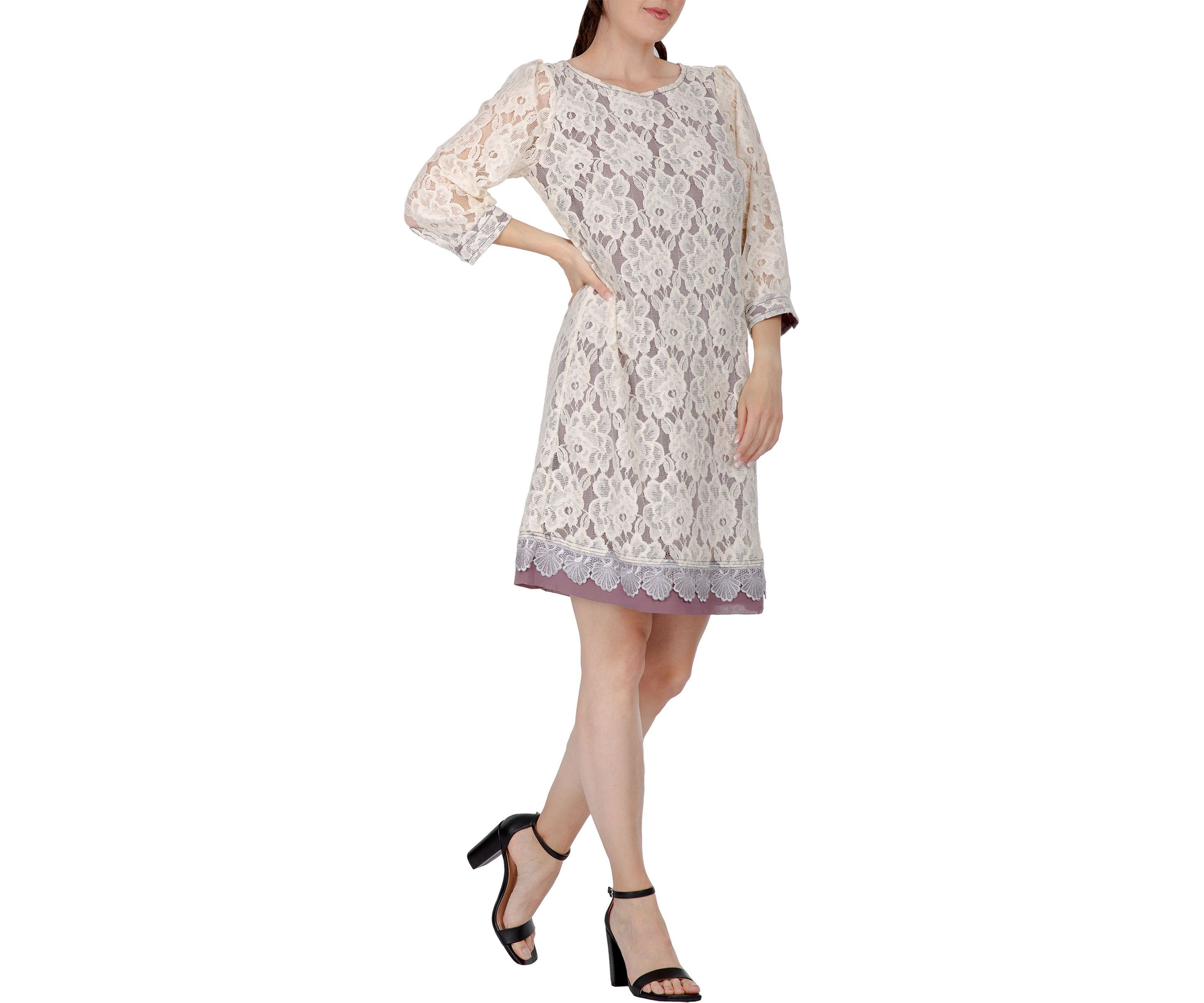 Women Elegant Floral Lace Boat Neck 3/4 Sleeve Midi Dress