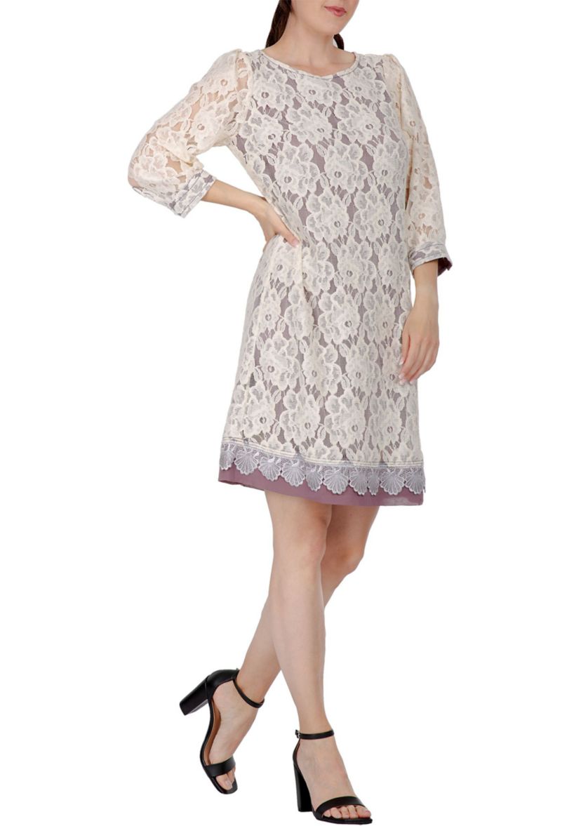 Women Elegant Floral Lace Boat Neck 3/4 Sleeve Midi Dress