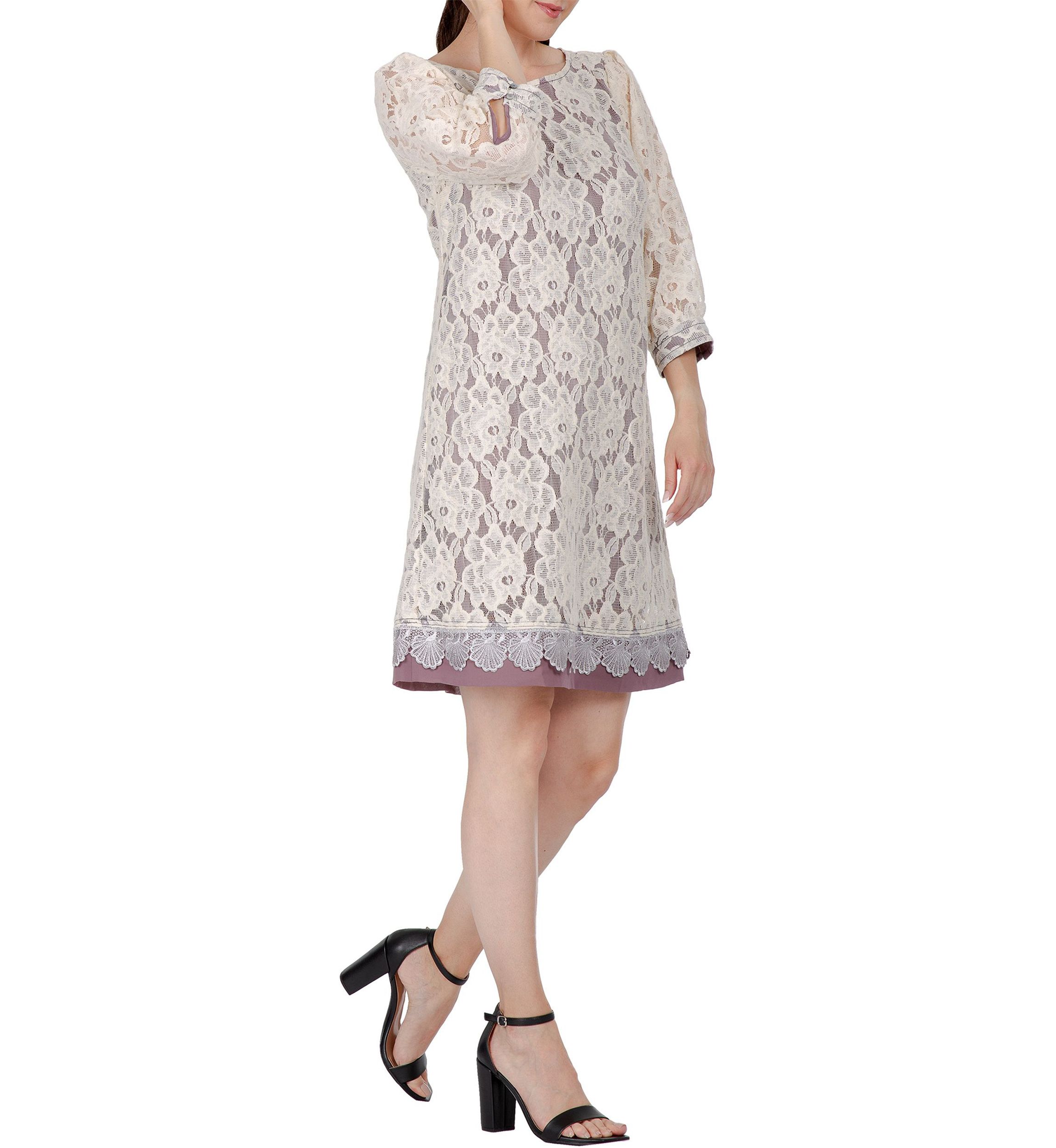 Women Elegant Floral Lace Boat Neck 3/4 Sleeve Midi Dress
