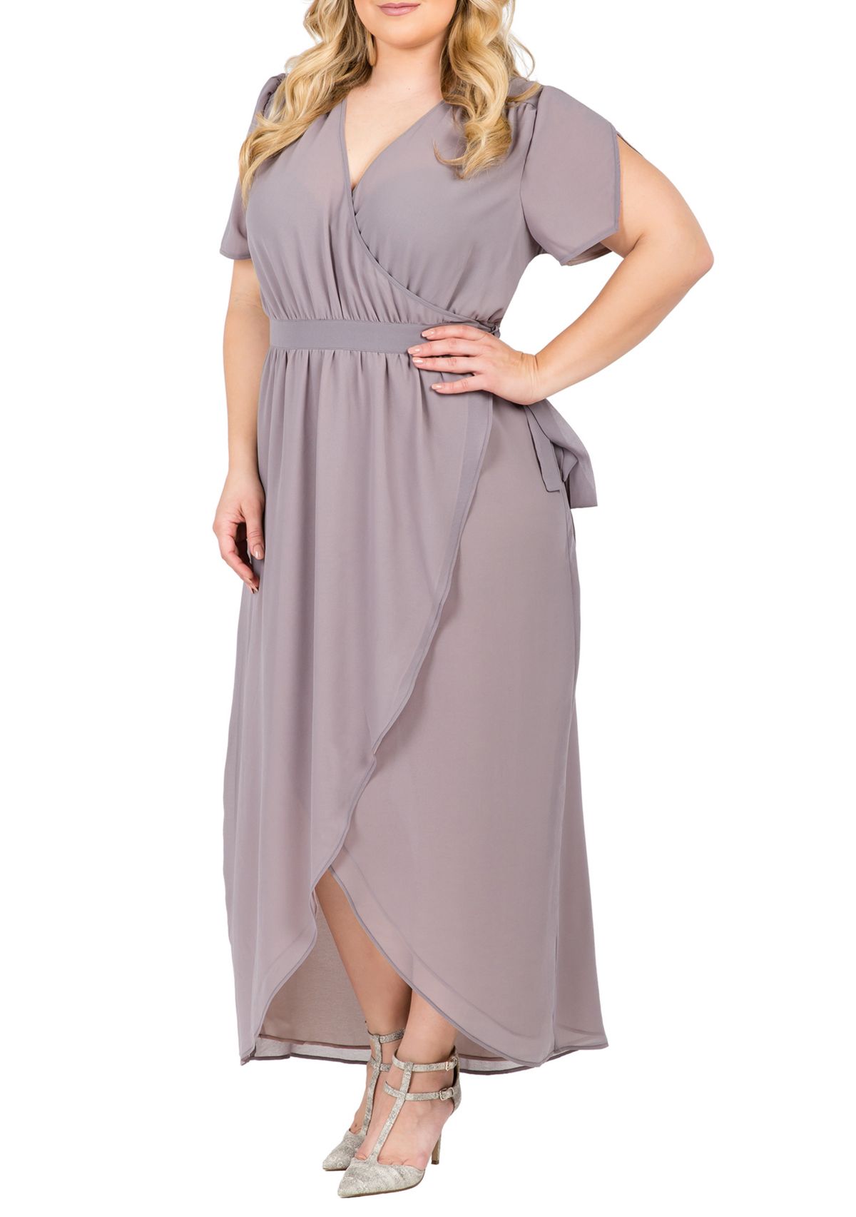 Standards & Practices Womens Plus Size Pink Floral Short Sleeve V-Neck Wrap Dress Maxi Length