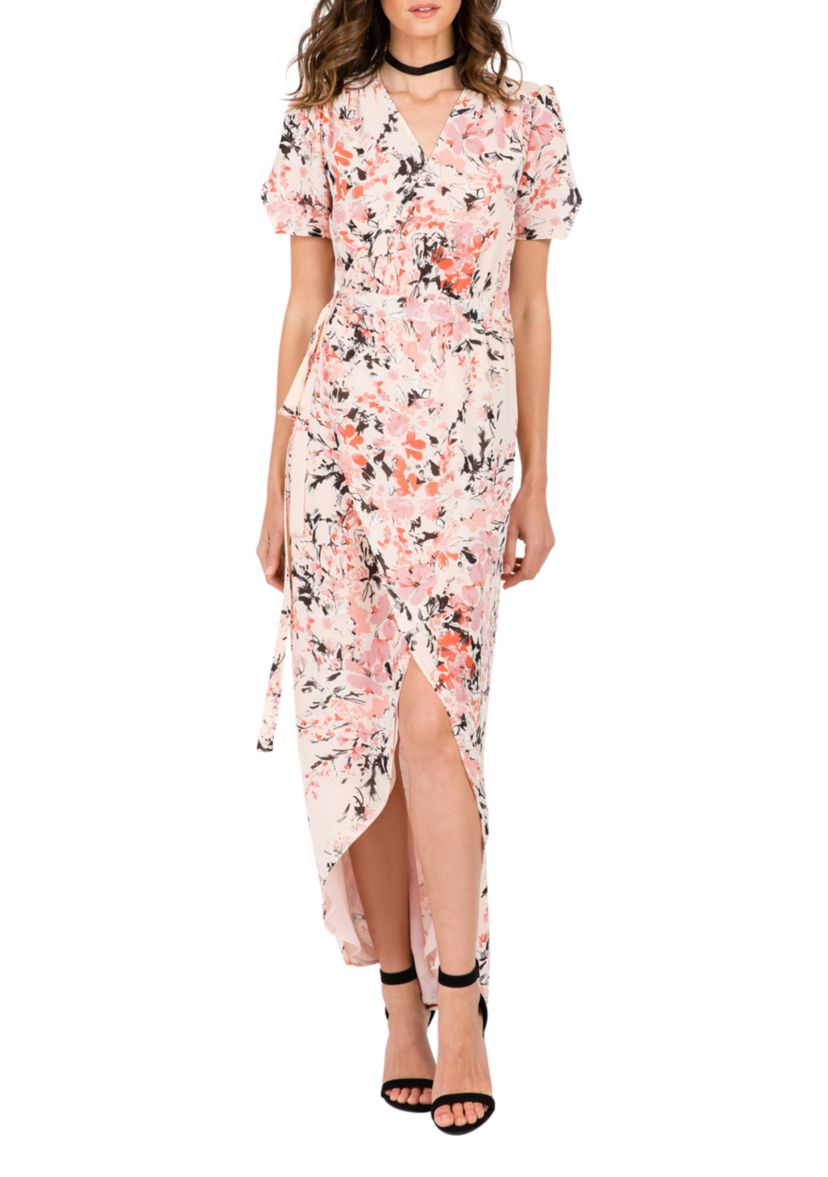 Modern Women Rose Pink Short Sleeve V-Neck Wrap Maxi Dress