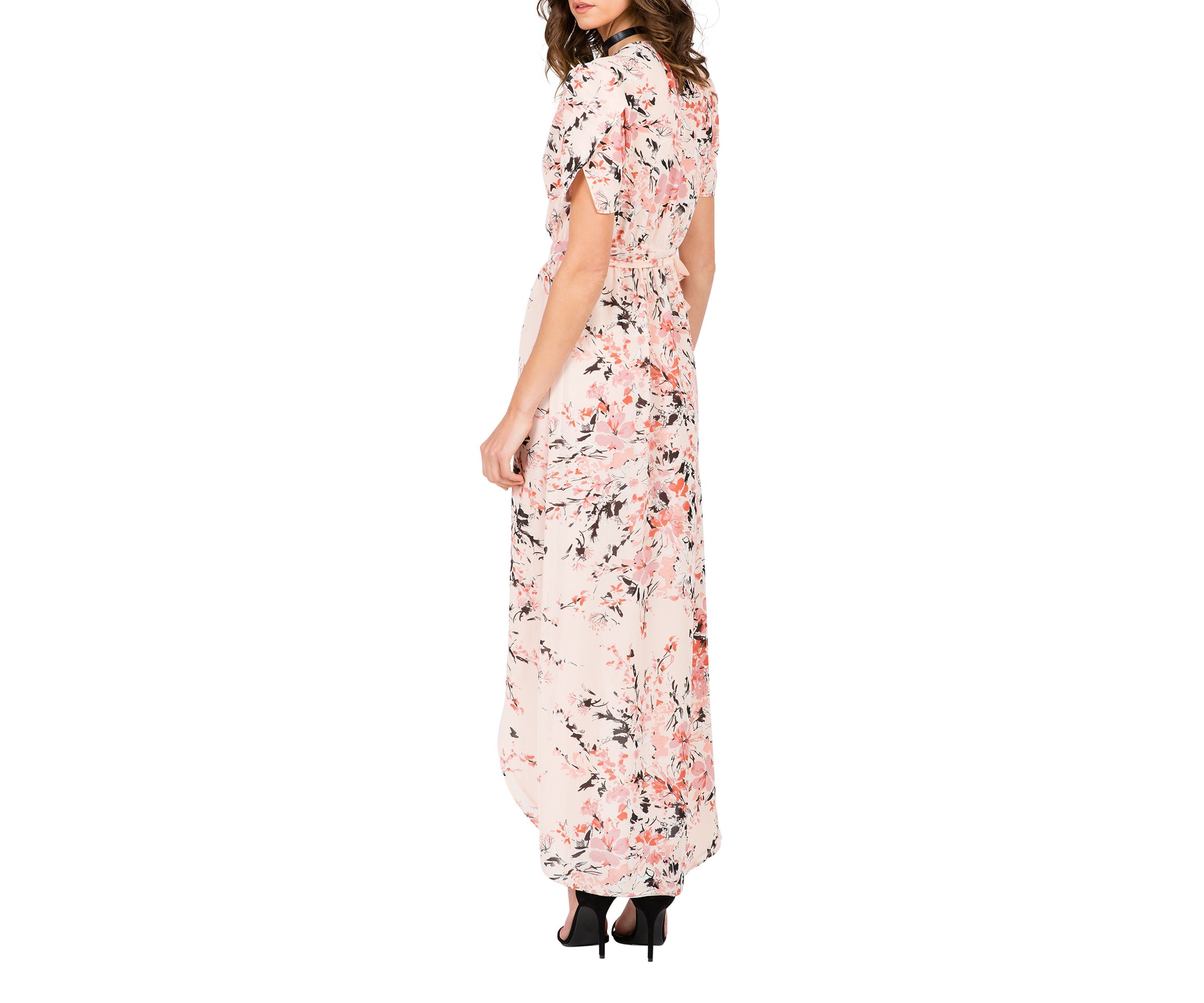 Modern Women Rose Pink Short Sleeve V-Neck Wrap Maxi Dress