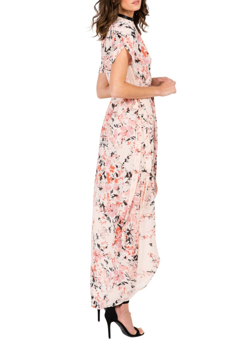 Modern Women Rose Pink Short Sleeve V-Neck Wrap Maxi Dress