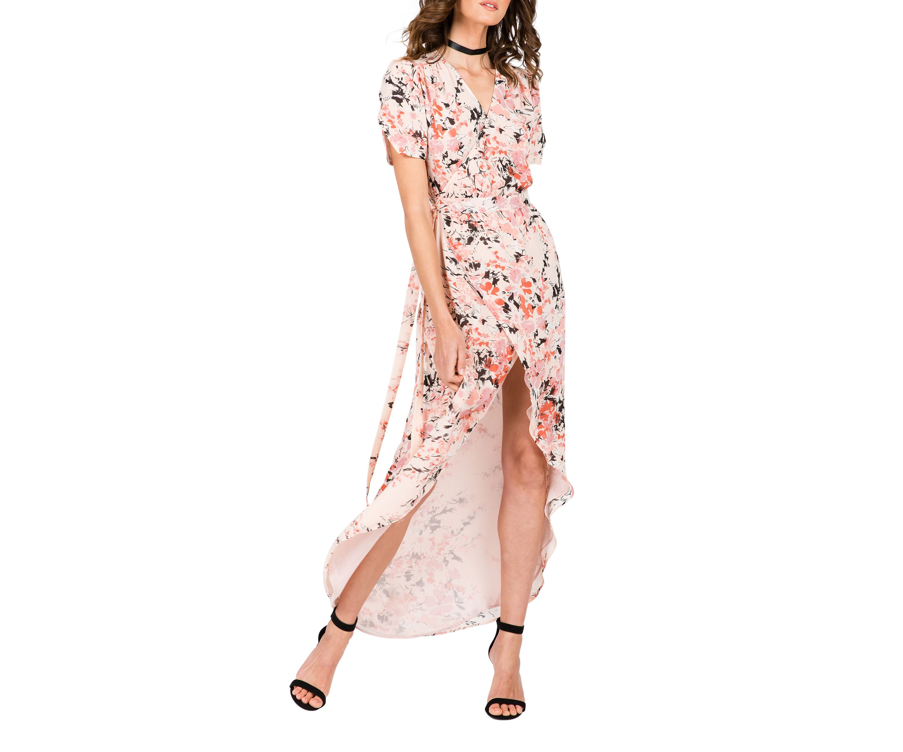 Modern Women Rose Pink Short Sleeve V-Neck Wrap Maxi Dress