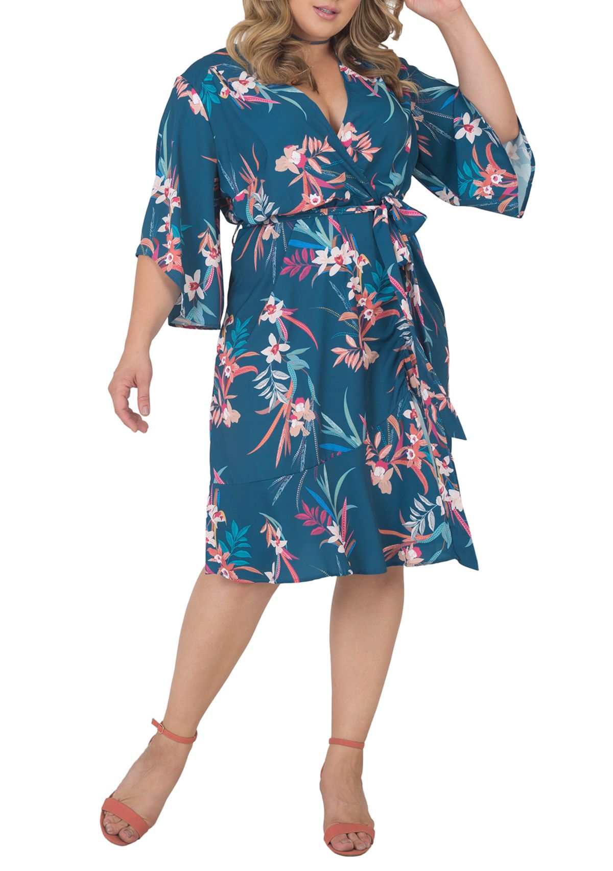 Plus Size Short Sleeve Ruffle Hem Wrap Dress
