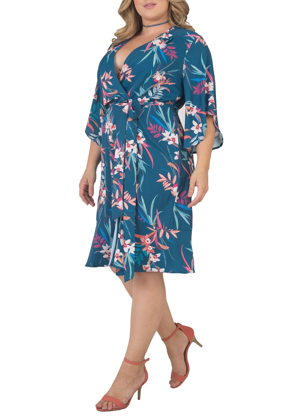 Plus Size Short Sleeve Ruffle Hem Wrap Dress