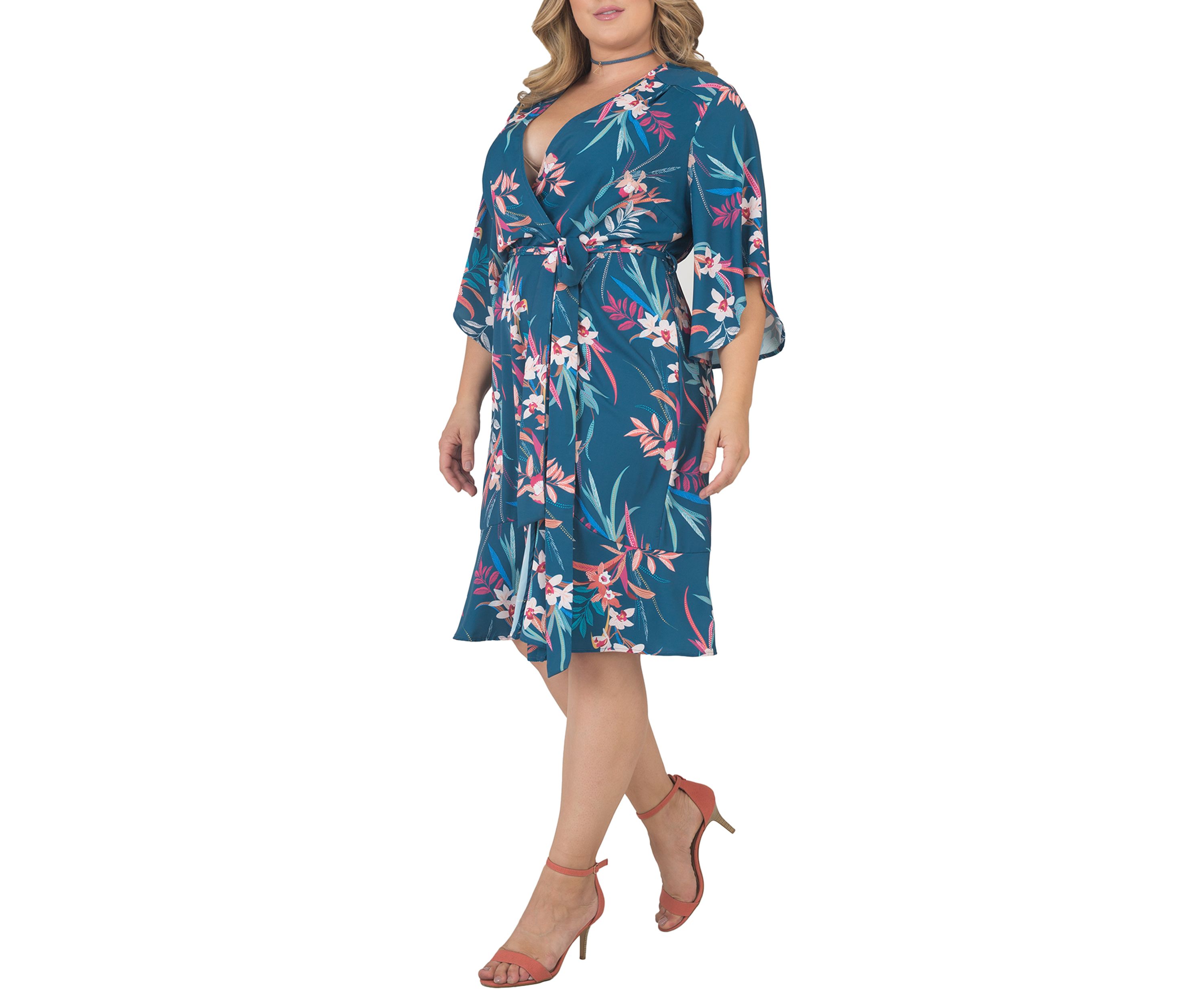 Plus Size Short Sleeve Ruffle Hem Wrap Dress