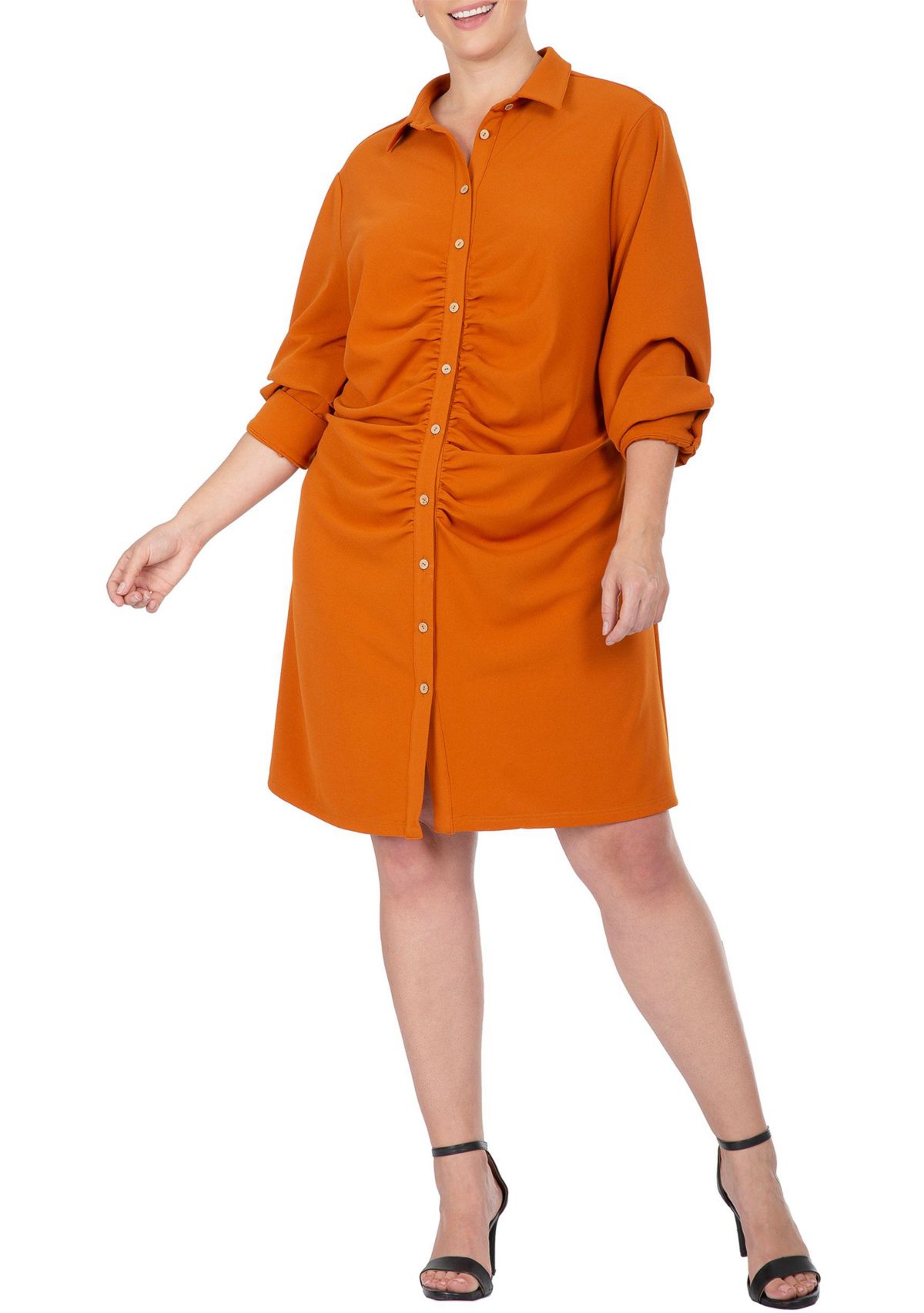 Women  Plus Size  Ruched Front  Buttoned Down Mini Shirt Dress