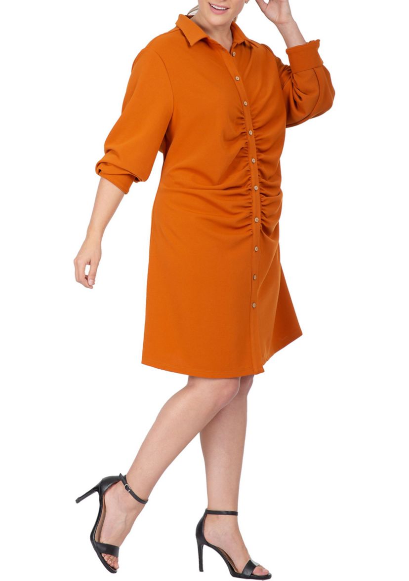 Women  Plus Size  Ruched Front  Buttoned Down Mini Shirt Dress
