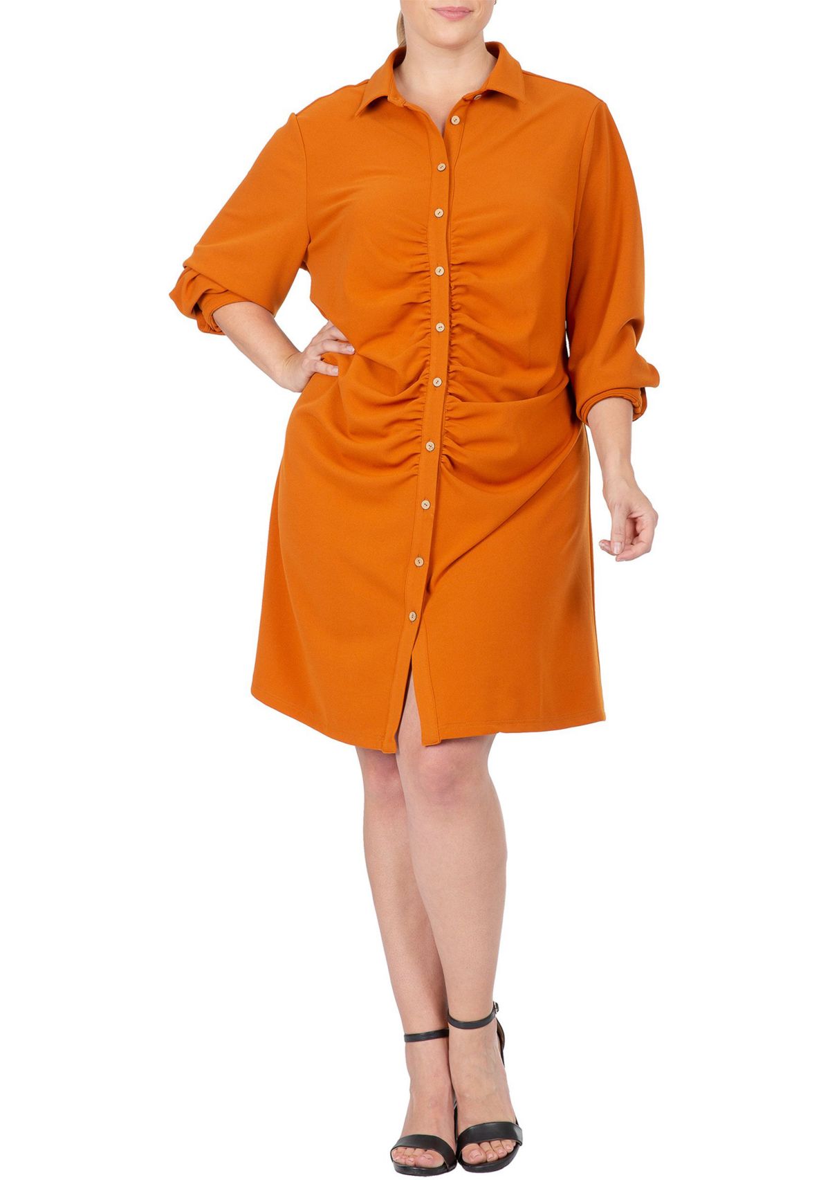 Women  Plus Size  Ruched Front  Buttoned Down Mini Shirt Dress