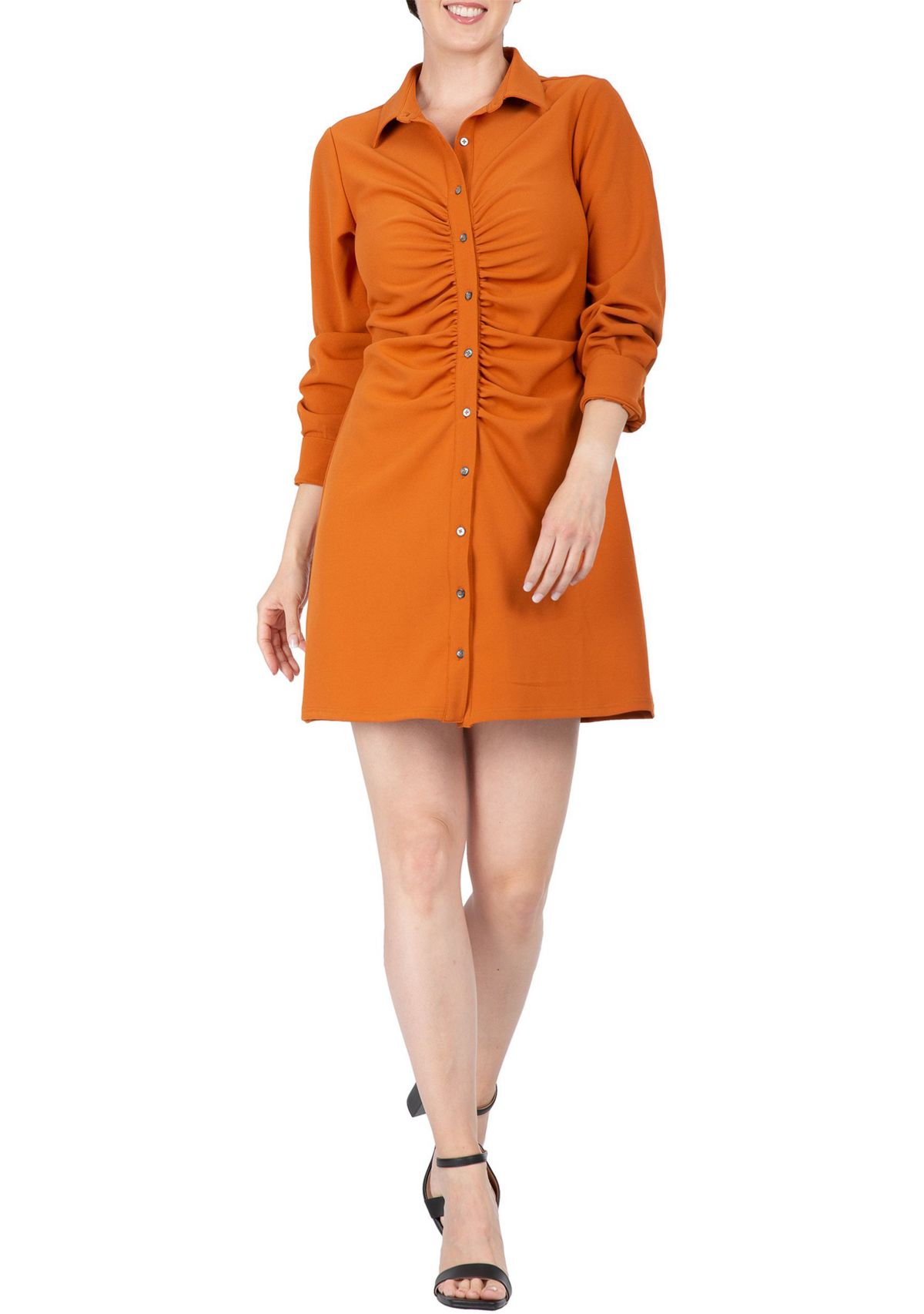 Women Ruched Front  Buttoned Down Mini Shirt Dress