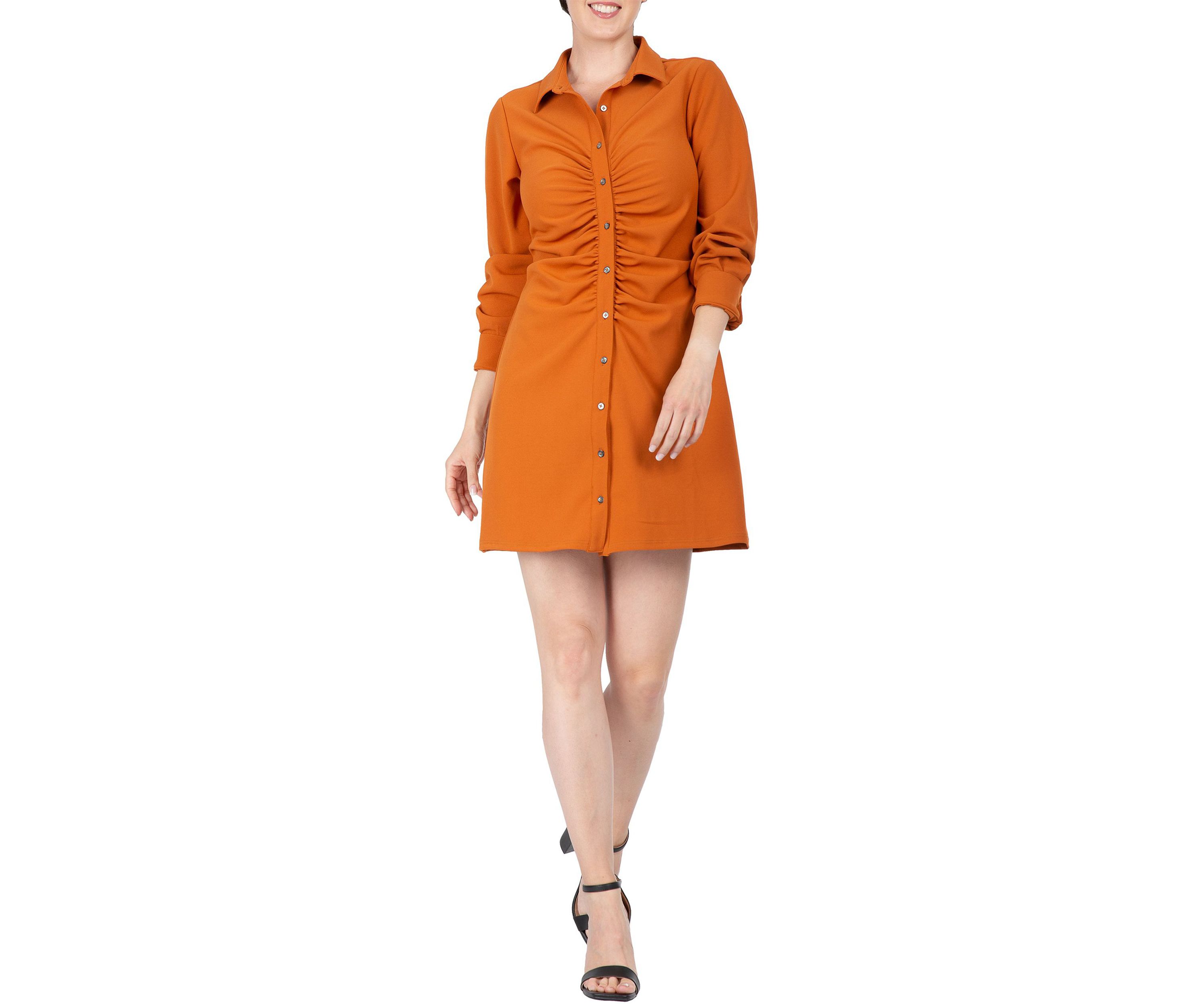 Women Ruched Front  Buttoned Down Mini Shirt Dress