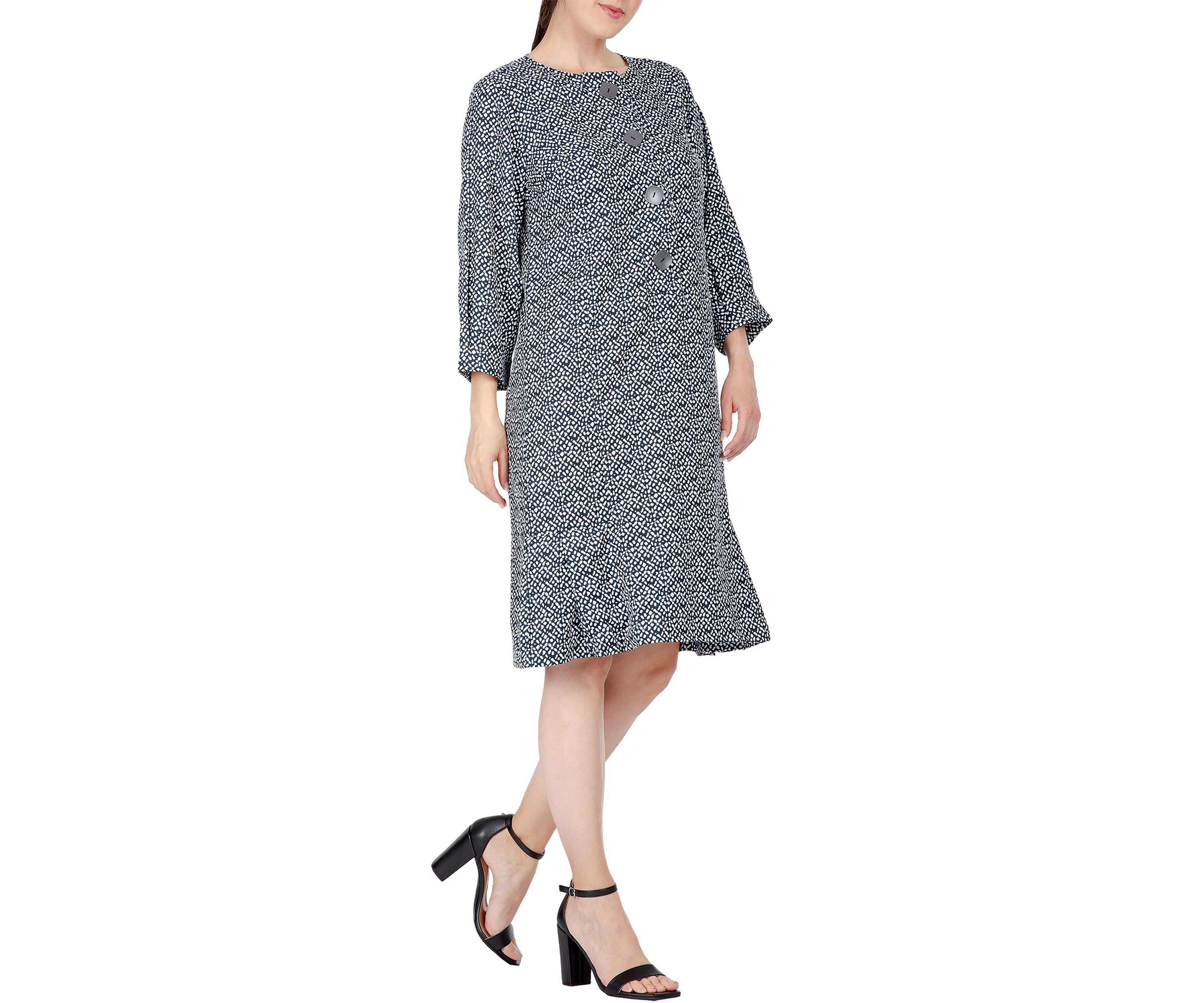 Women Pullover 3/4 Sleeve Flounce Pleated Mini Hem Dress