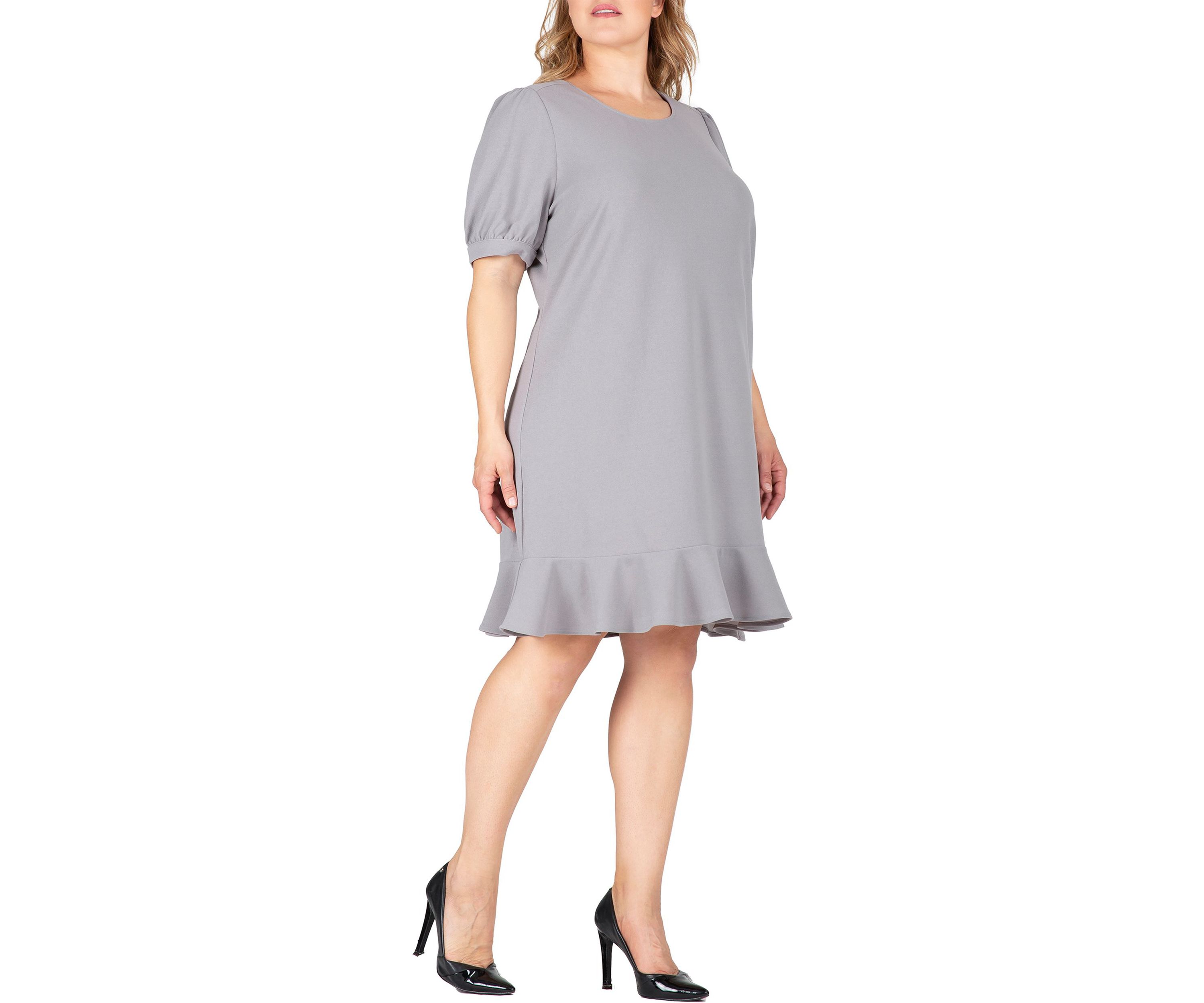Women Plus Size Puff Sleeves Drop Waist Ruffle Hem Mini Dress
