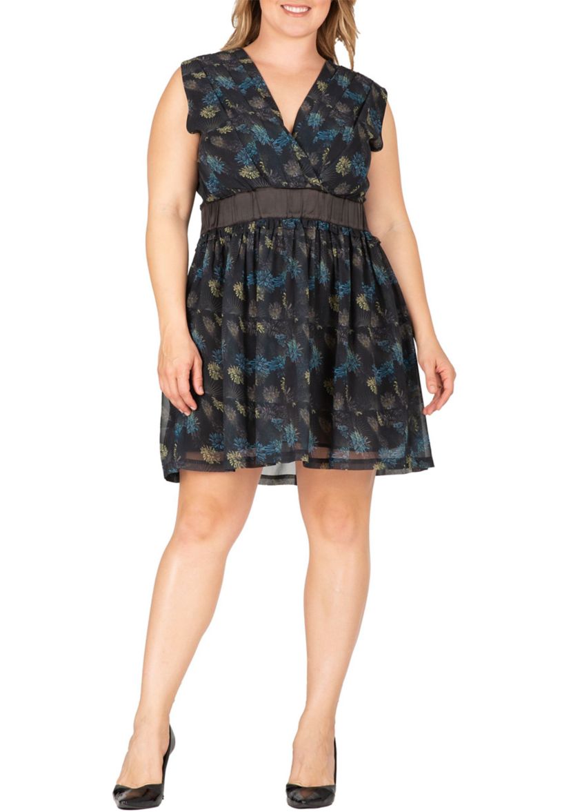 Women Plus Size Faux Wrap Sleeveless Empire Waist Mini Dress