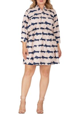 Standards and Practices Women Plus Size Mini Dress With Cute Dog Print And Adjustable Waist Band, Navy Blue, 20