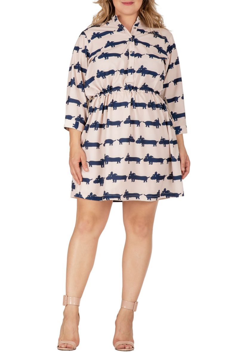 Women Plus Size Mini Dress With Cute Dog Print And Adjustable Waist Band