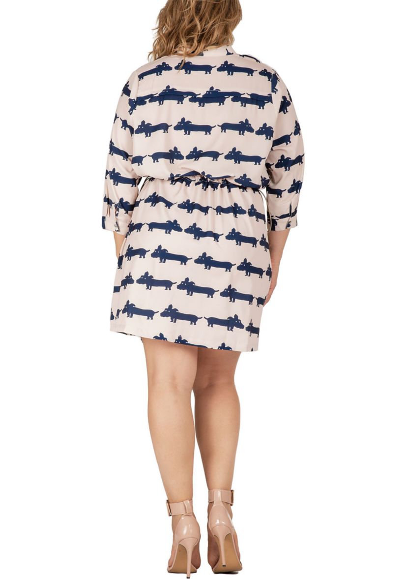 Women Plus Size Mini Dress With Cute Dog Print And Adjustable Waist Band