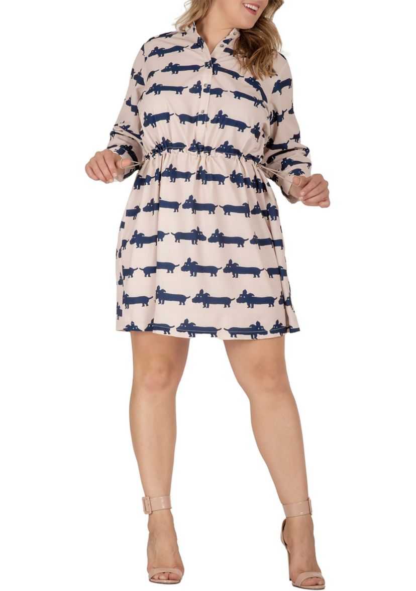 Women Plus Size Mini Dress With Cute Dog Print And Adjustable Waist Band