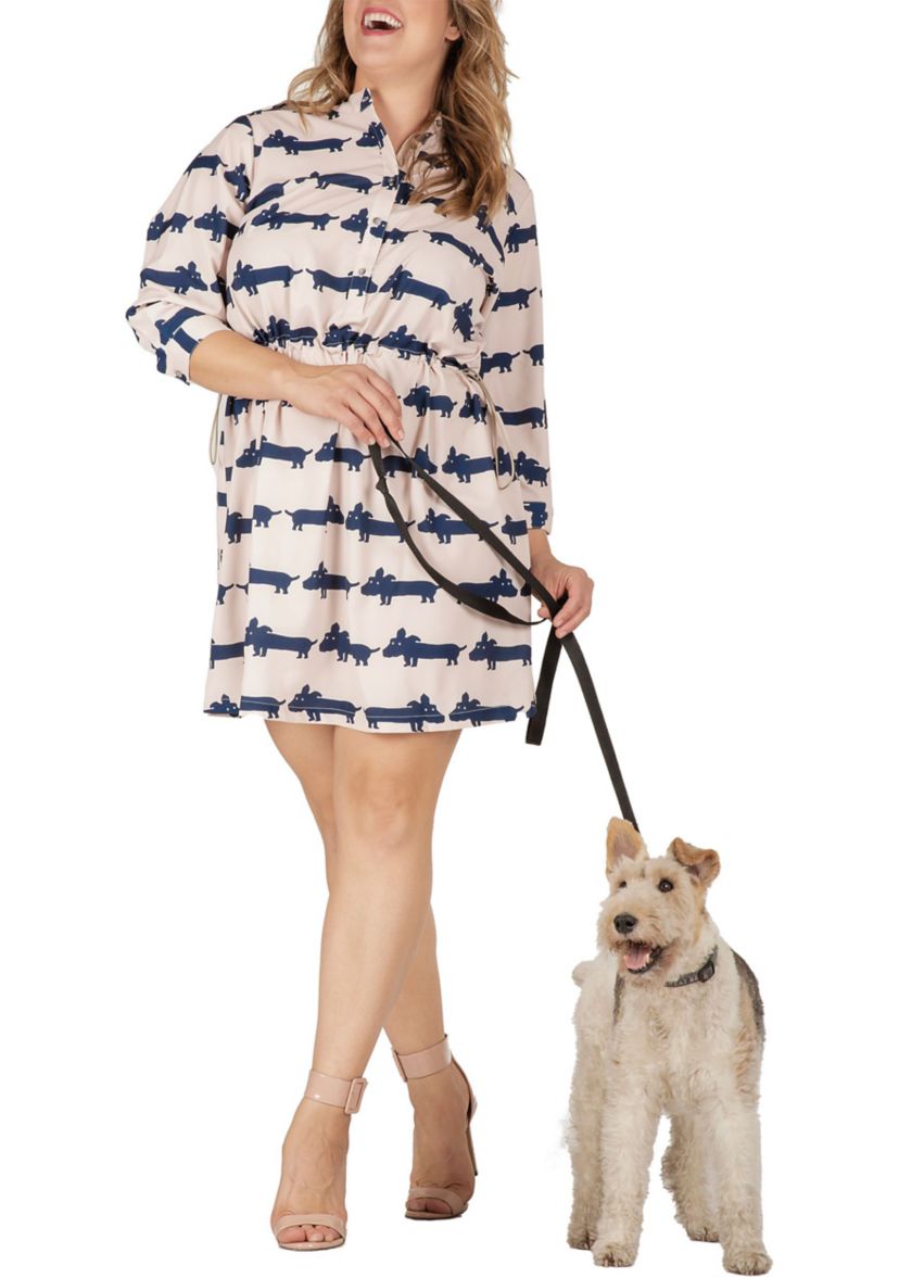 Women Plus Size Mini Dress With Cute Dog Print And Adjustable Waist Band