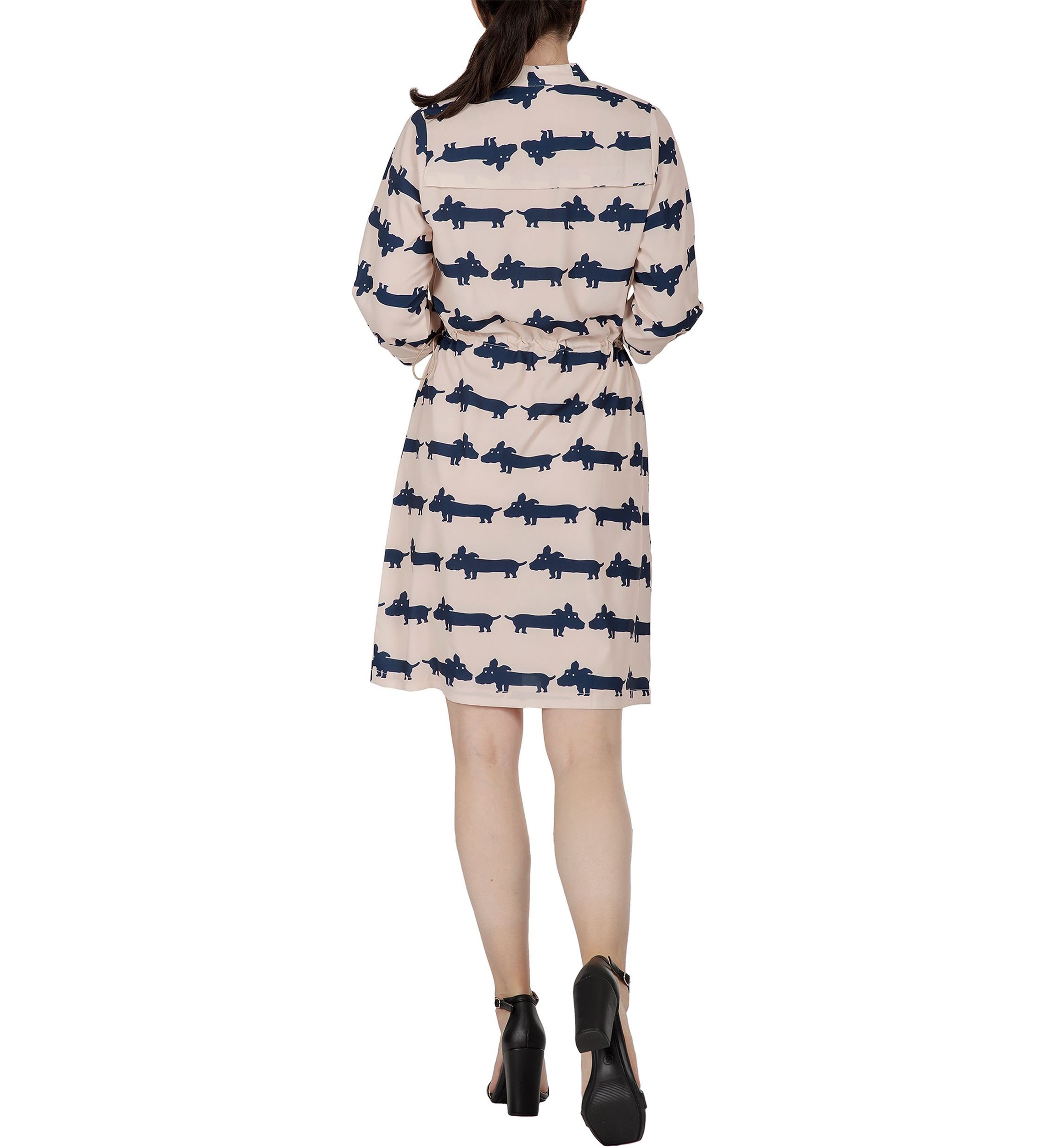 Women Mini Dress With Cute Dog Print And Adjustable Waist Band