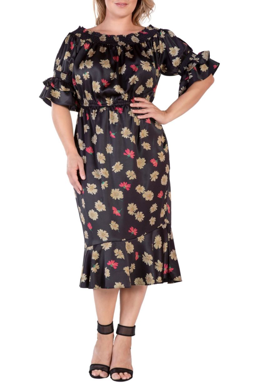 OffShoulder Satin Midi DRS