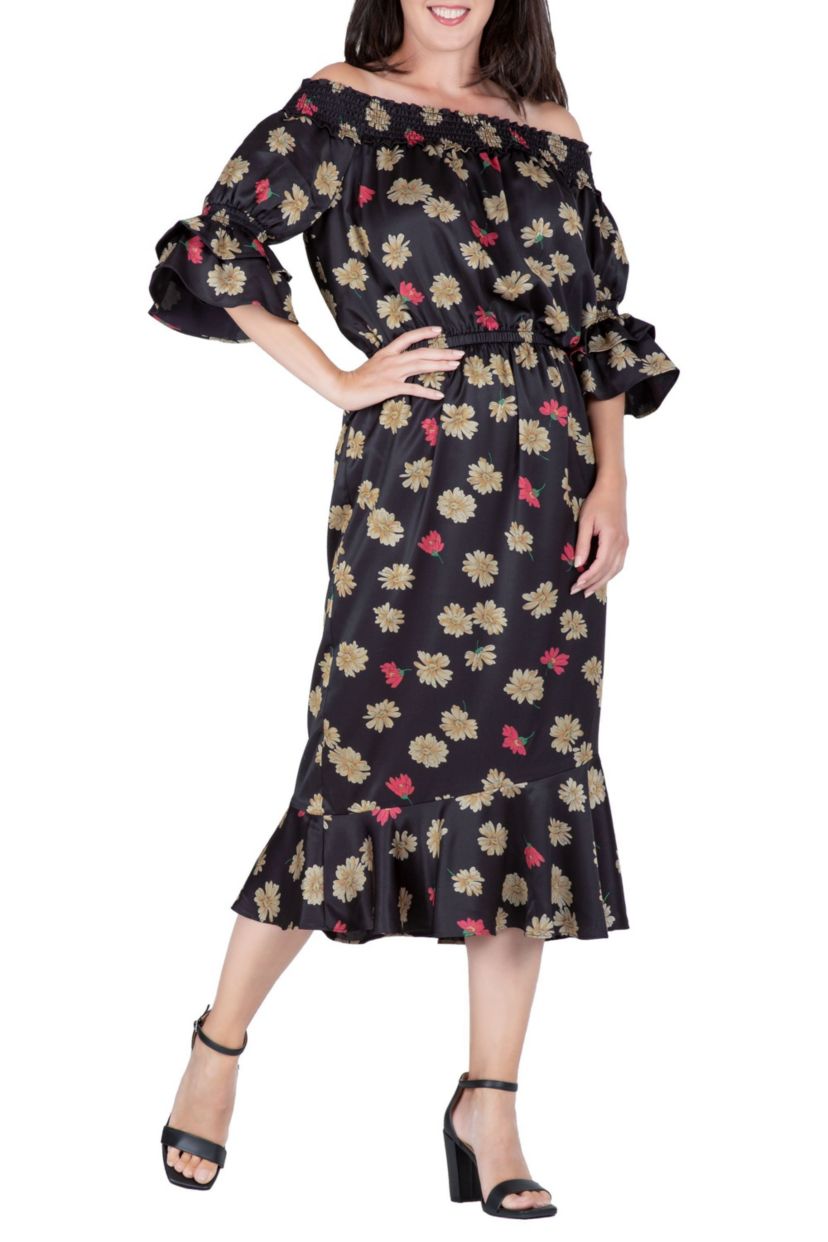 OffShoulder Satin Midi DRS