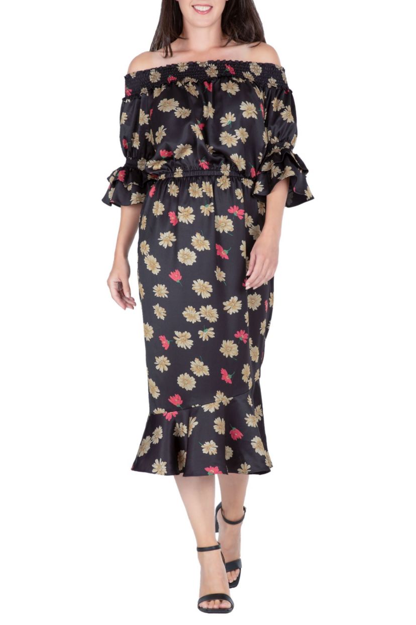 OffShoulder Satin Midi DRS