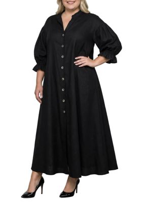 Standards and Practices Women's Button Front Puff Sleeve Maxi Shirt Dress, Black, 1X