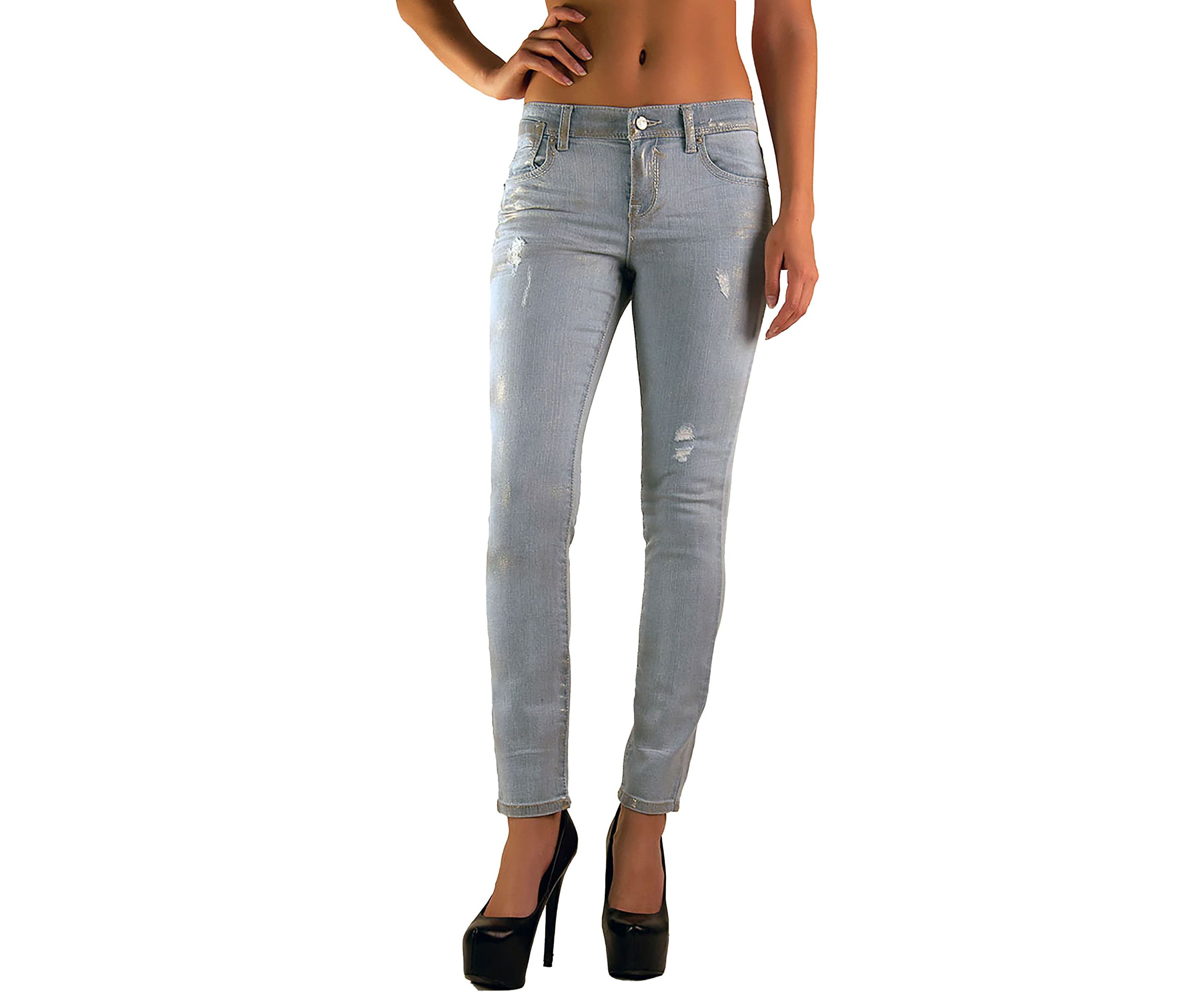 Womens Stretch Metallic Foil Skinny Ankle Premium Jeans