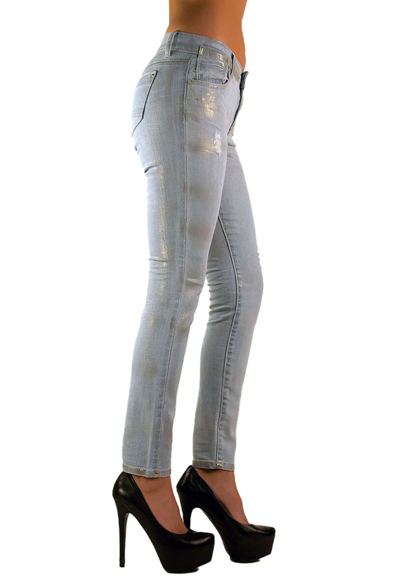 Womens Stretch Metallic Foil Skinny Ankle Premium Jeans