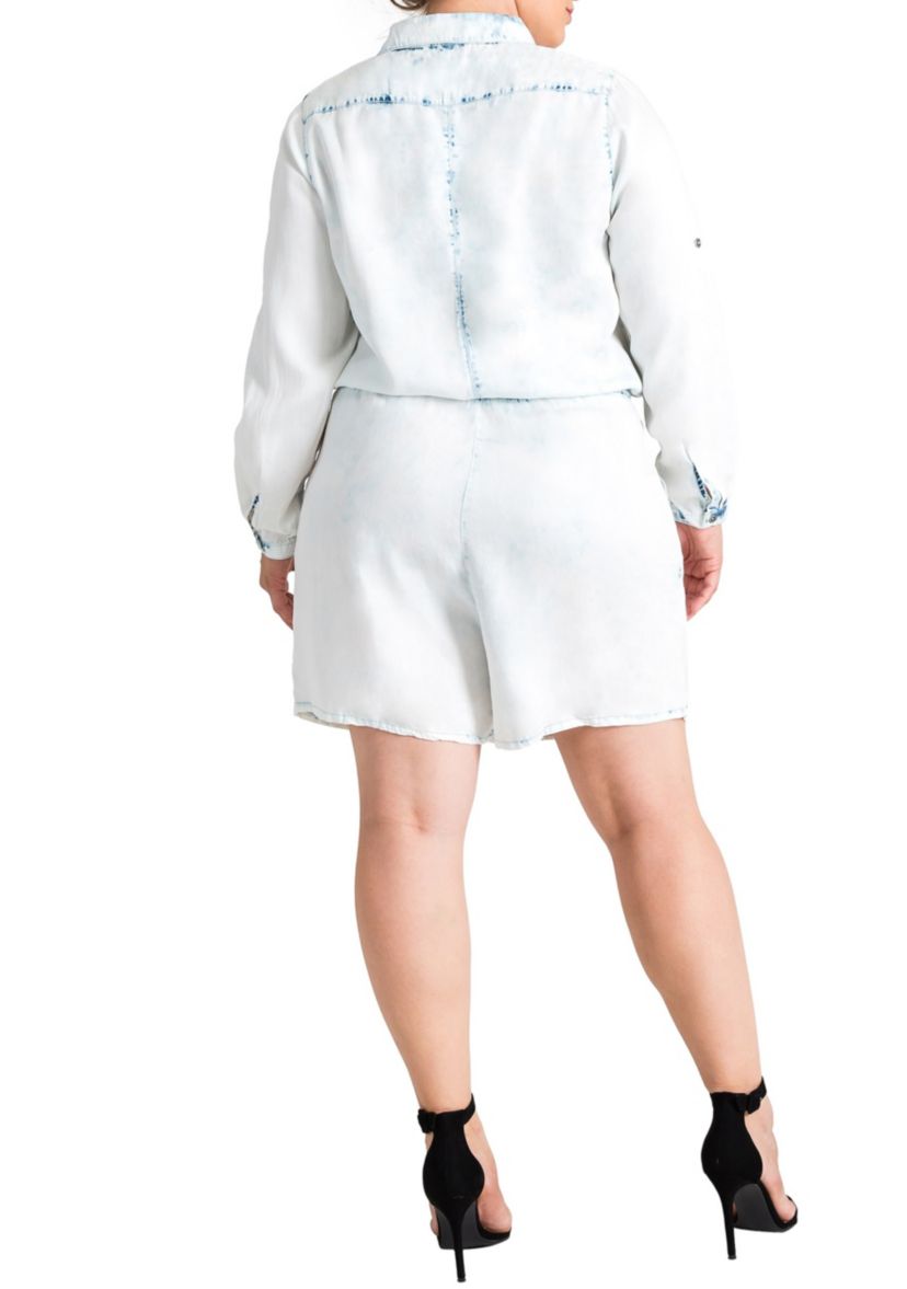 Plus Size Womens Tencel Bleached Wash LS Romper