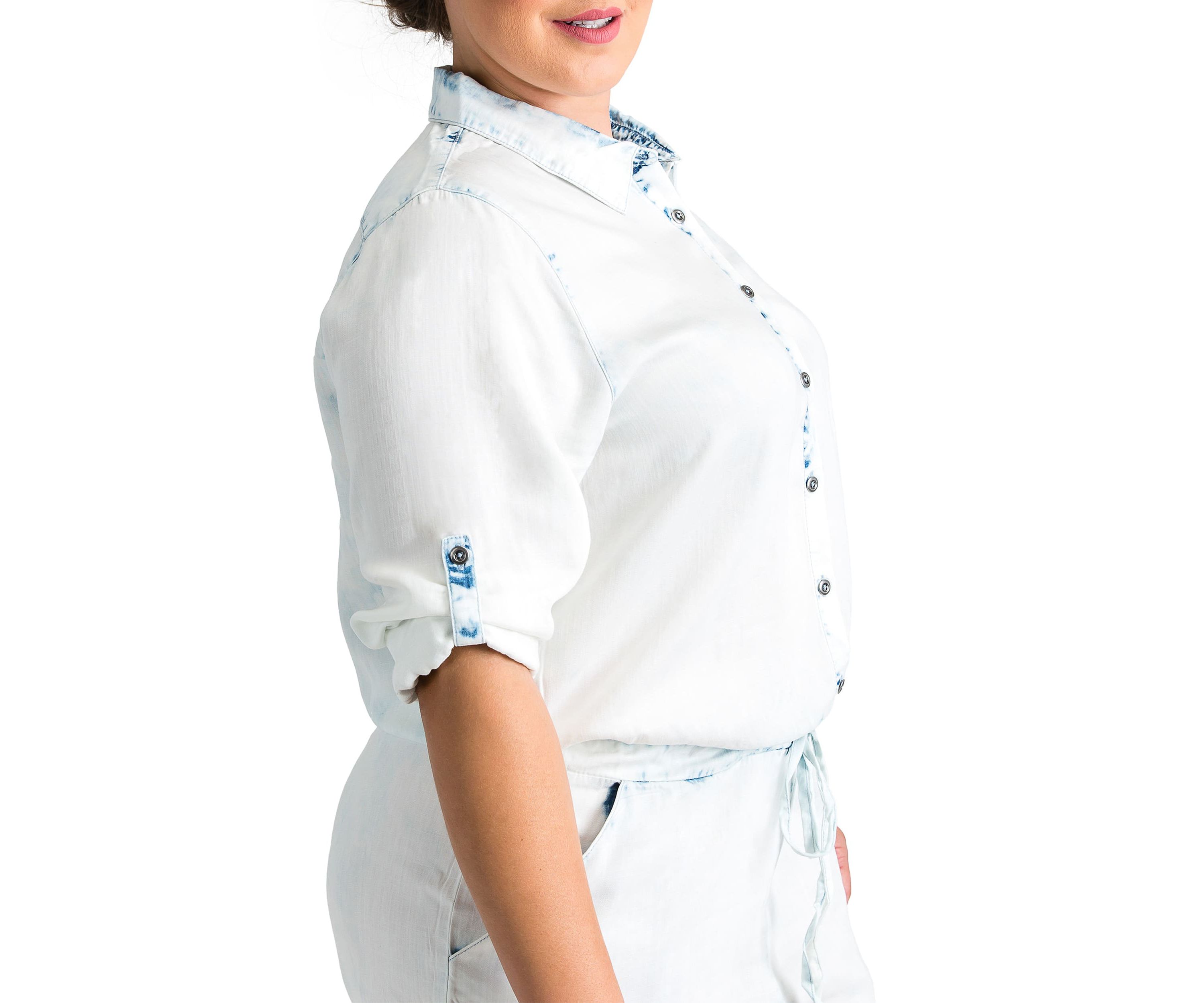 Plus Size Womens Tencel Bleached Wash LS Romper
