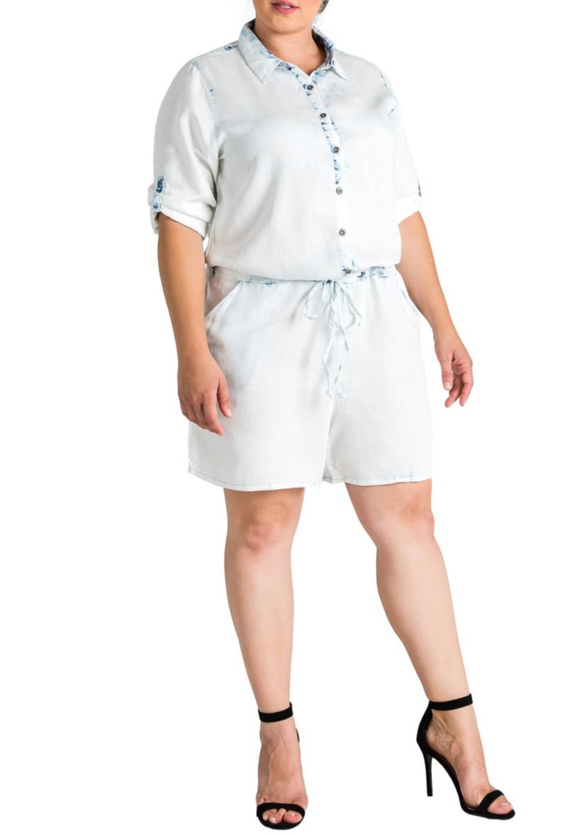 Plus Size Womens Tencel Bleached Wash LS Romper