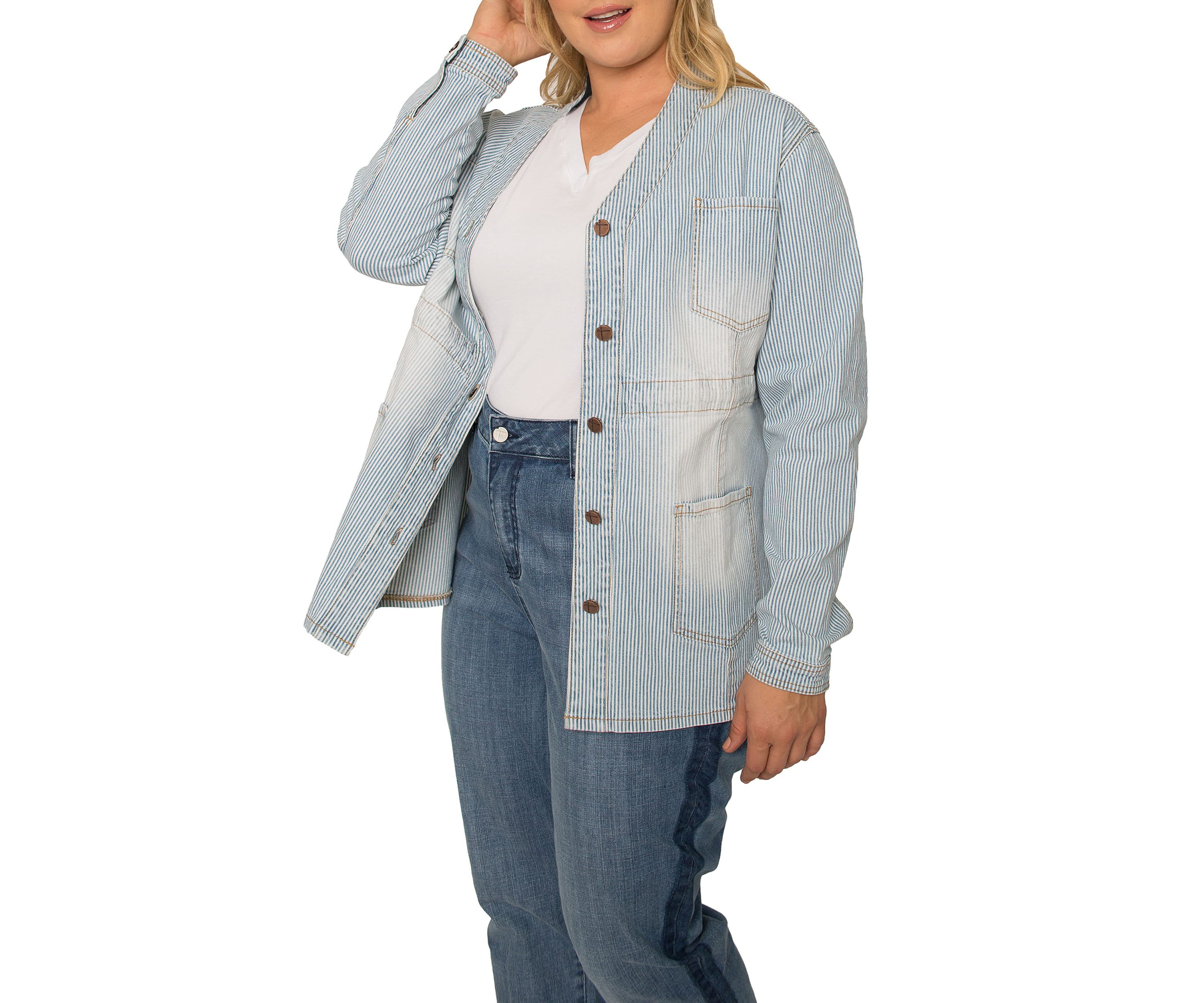 Plus Size Denim Collarless Jacket