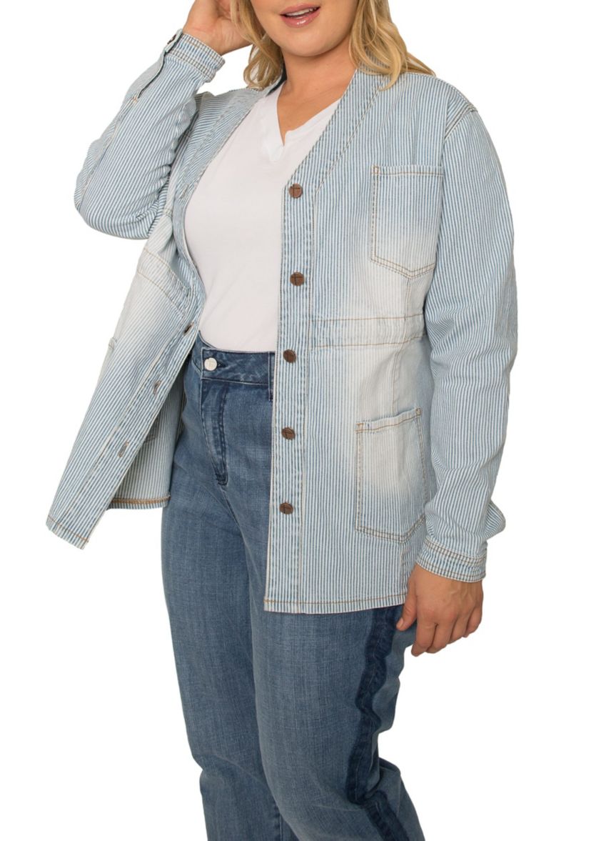 Plus Size Denim Collarless Jacket