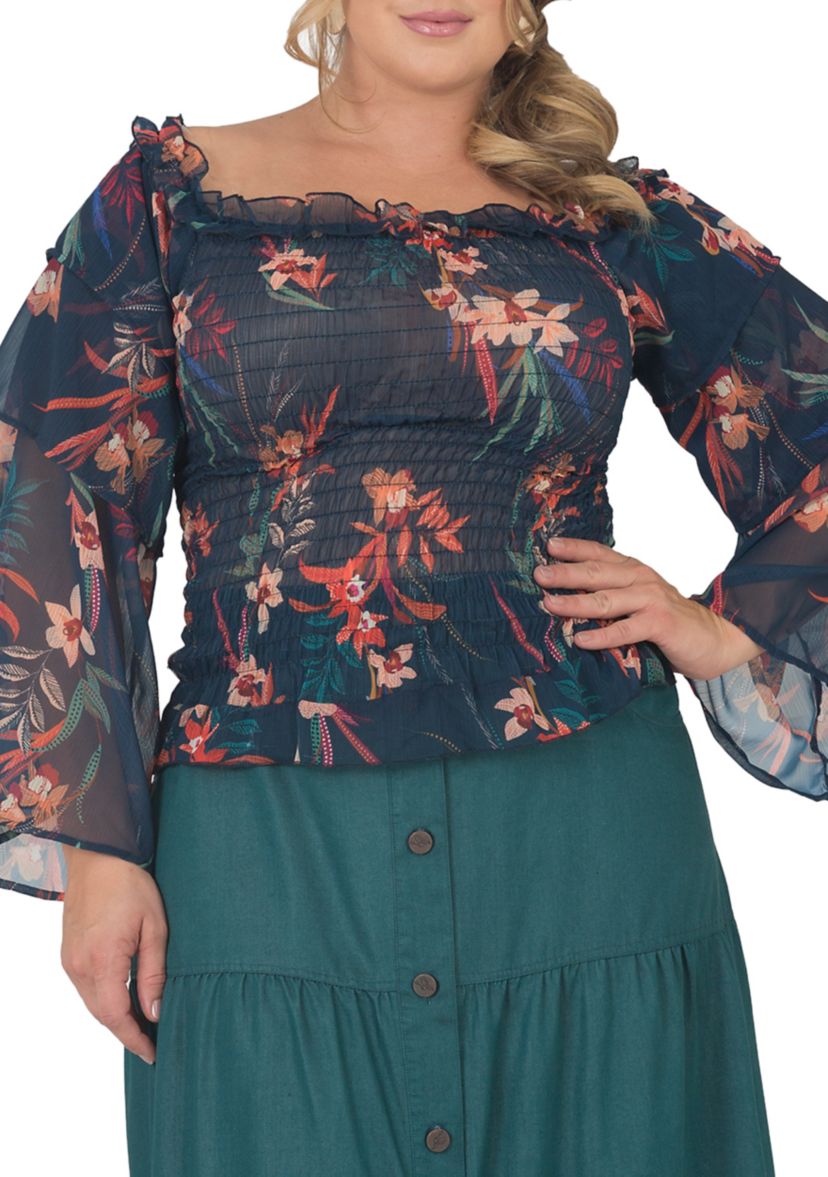 Plus Size Smocked Ruffle Sleeve Top