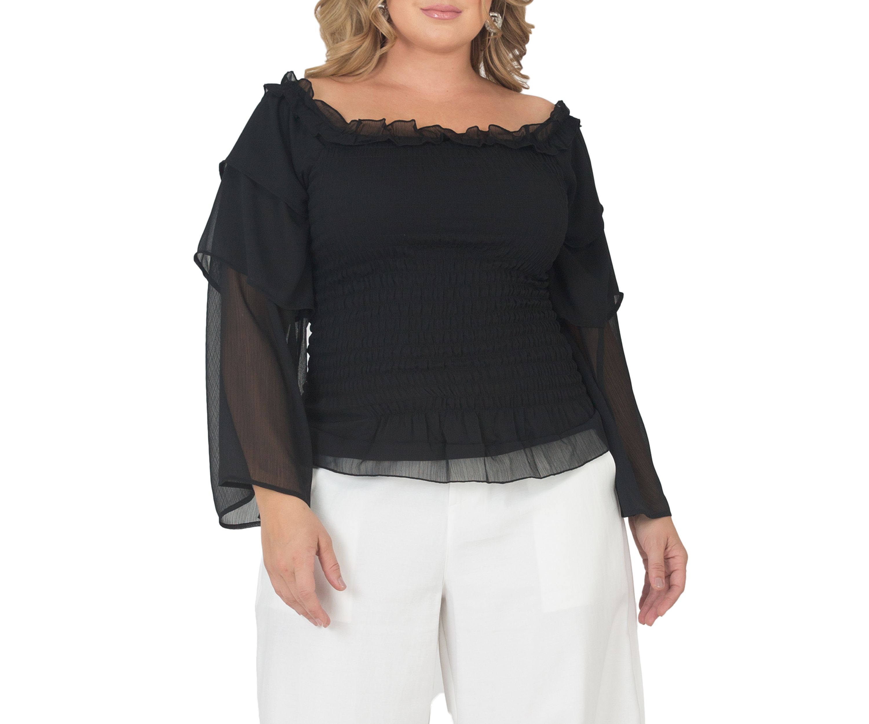 Plus Size Smocked Ruffle Sleeve Top