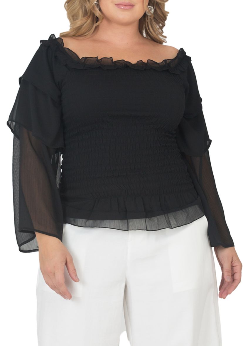 Plus Size Smocked Ruffle Sleeve Top