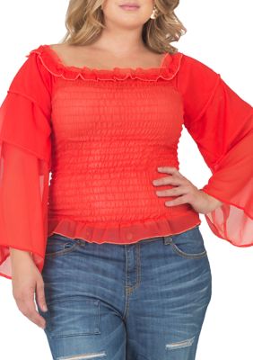 Standards and Practices Women's Plus Size Smocked Ruffle Sleeve Top, Orange, 2X
