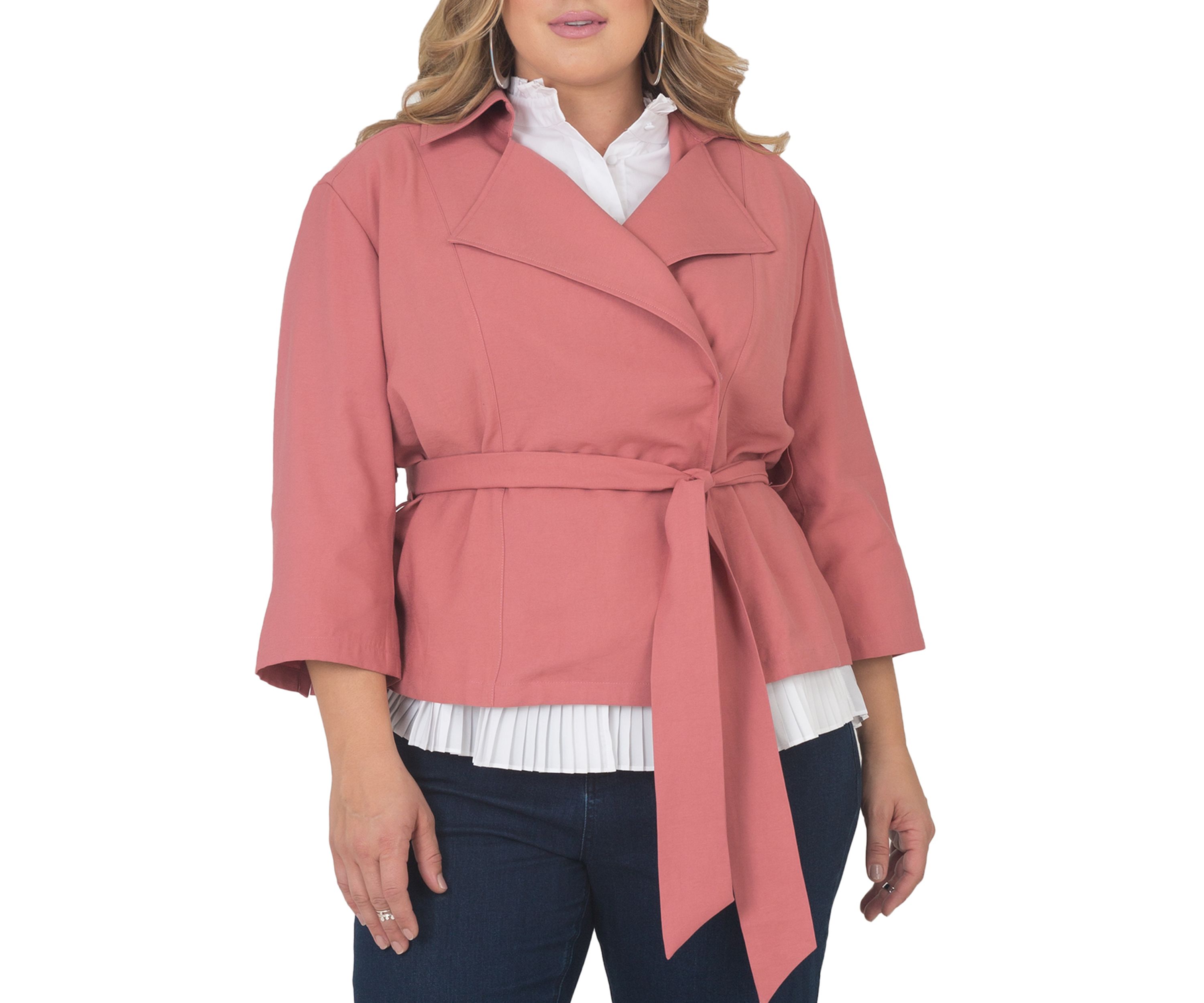 Plus Size Cropped 3/4 Sleeve Wrap Trench Jacket