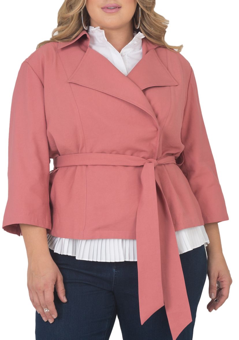 Plus Size Cropped 3/4 Sleeve Wrap Trench Jacket