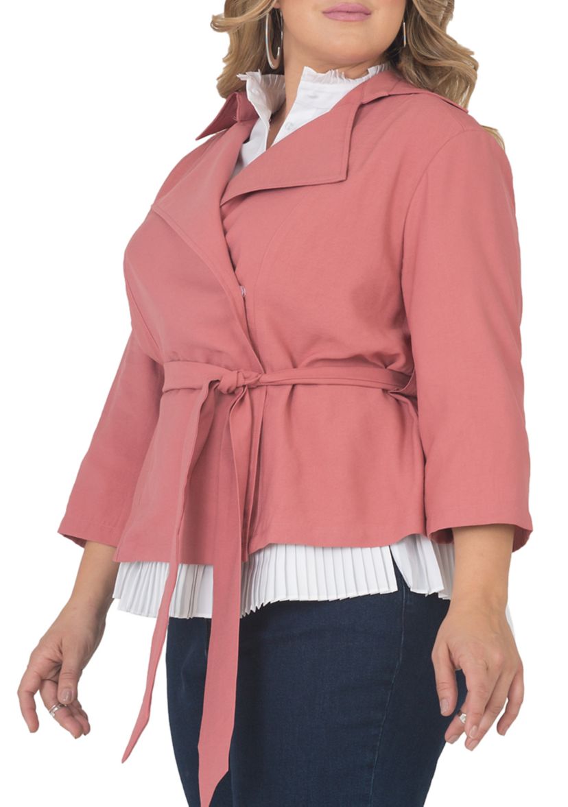 Plus Size Cropped 3/4 Sleeve Wrap Trench Jacket
