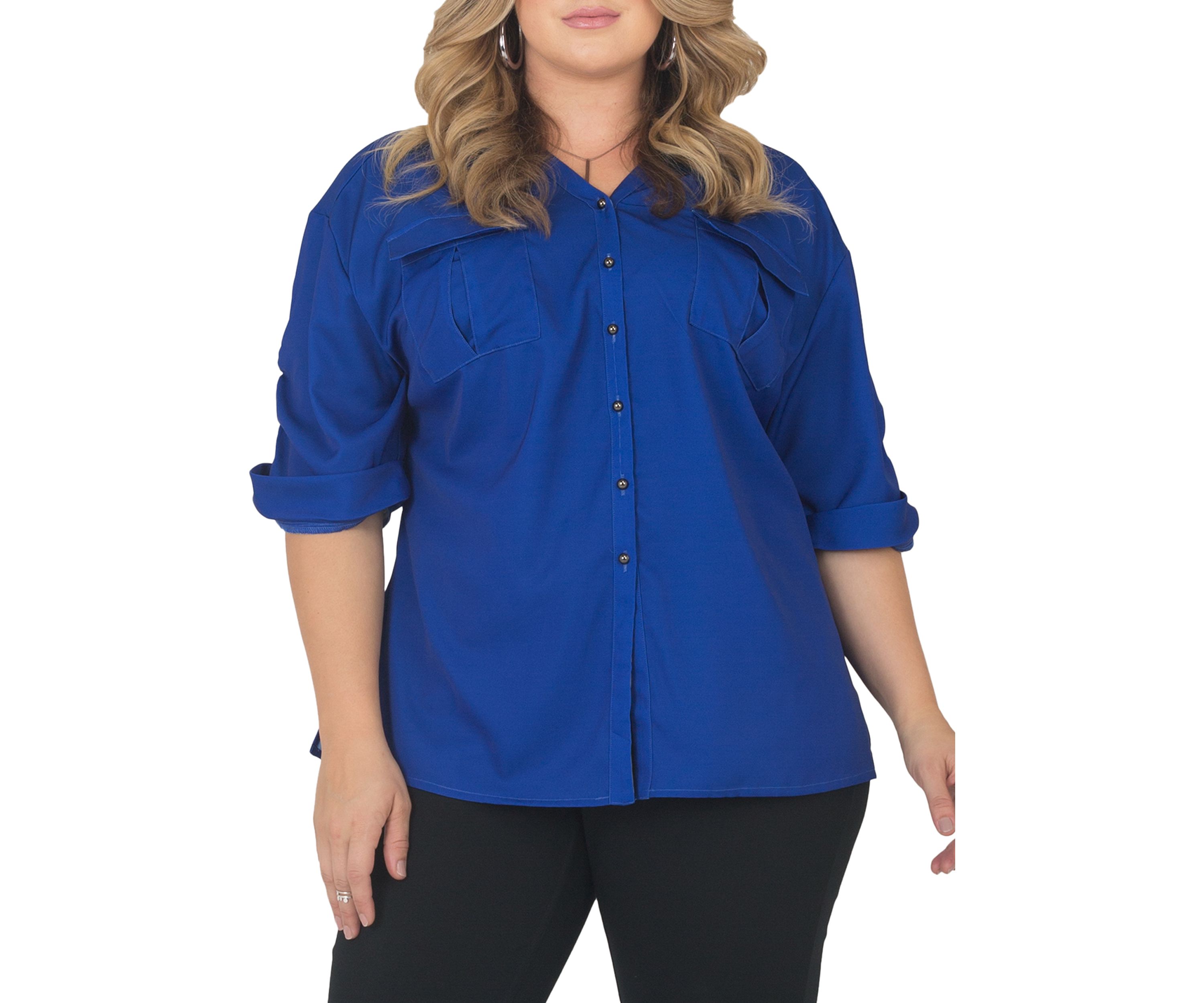 Plus Size V-Neck Rolled 3/4 Sleeve Utility Top